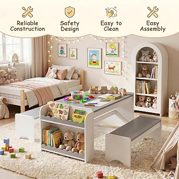 Kids Table and Bench Set, Montessori Kids Table and Chair Set, Indoor Wooden Toddler Activity Table with Bookshelves, 37X22 Desktop, Children Desk for Home, Classroom, Boys, Girls (Grey)