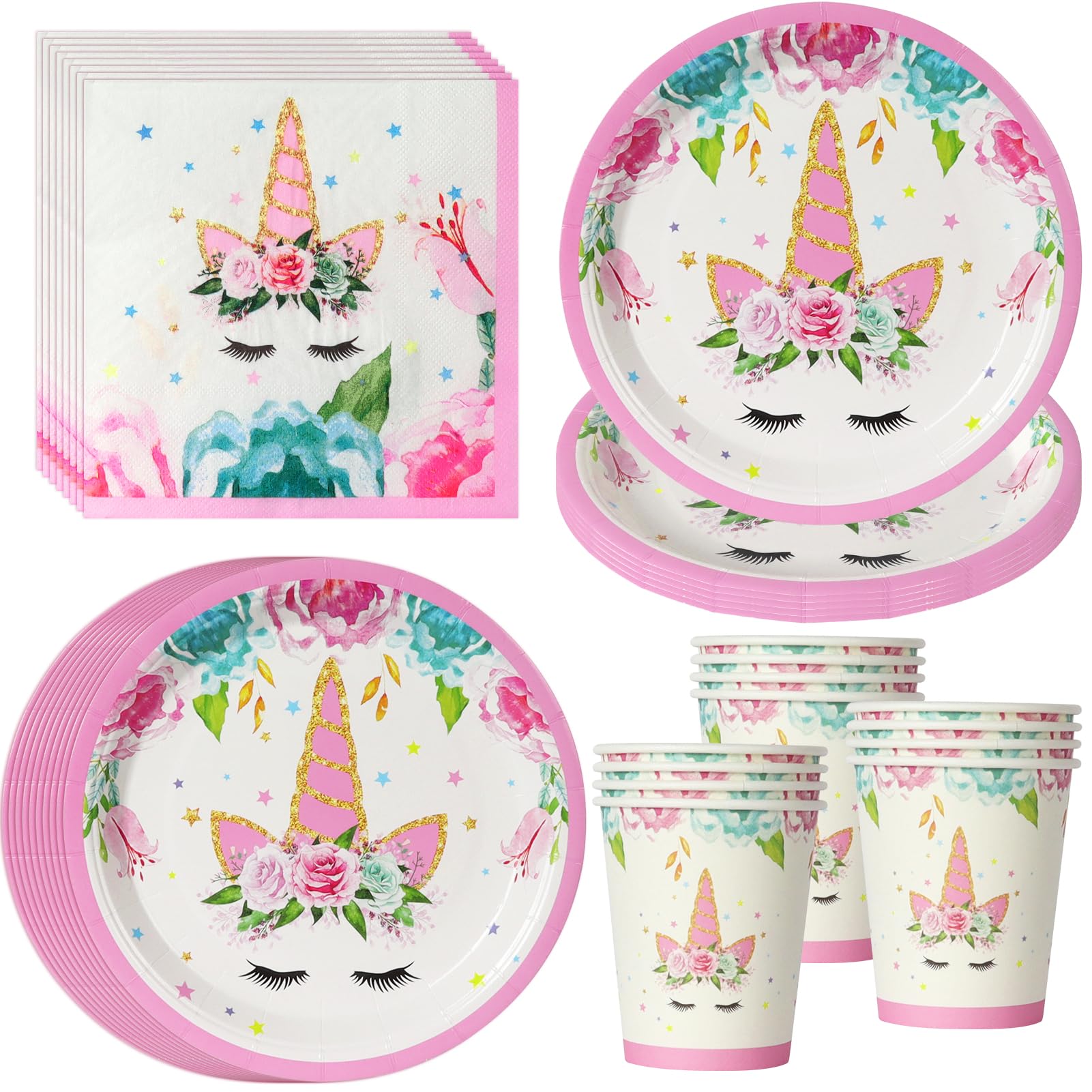 PYAILI 52 Pcs Unicorn with Flowers Party Tableware Set with Plates, Cups, Napkins for 16 Guests - Romantic Birthday Decoration with Floral Motifs