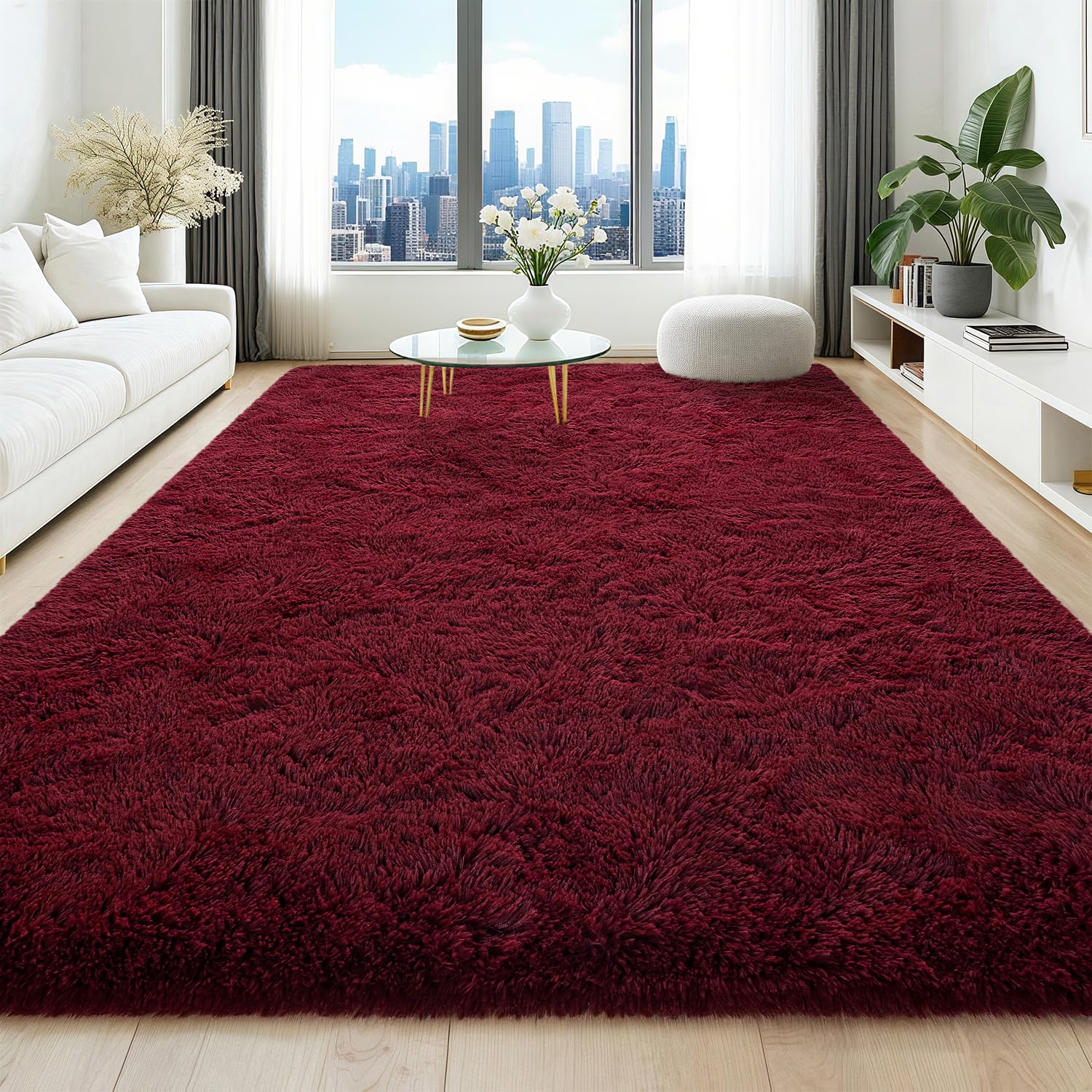 HQAYW 4x6 Burgundy Rug for Living Room, Memory Foam Washable Maroon Shaggy Plush Carpet for Girls Boys Dorm, Non-Slip Ultimate Soft Fluffy Shag Area Rugs for Bedroom Modern Home Office Dark Red — image 1
