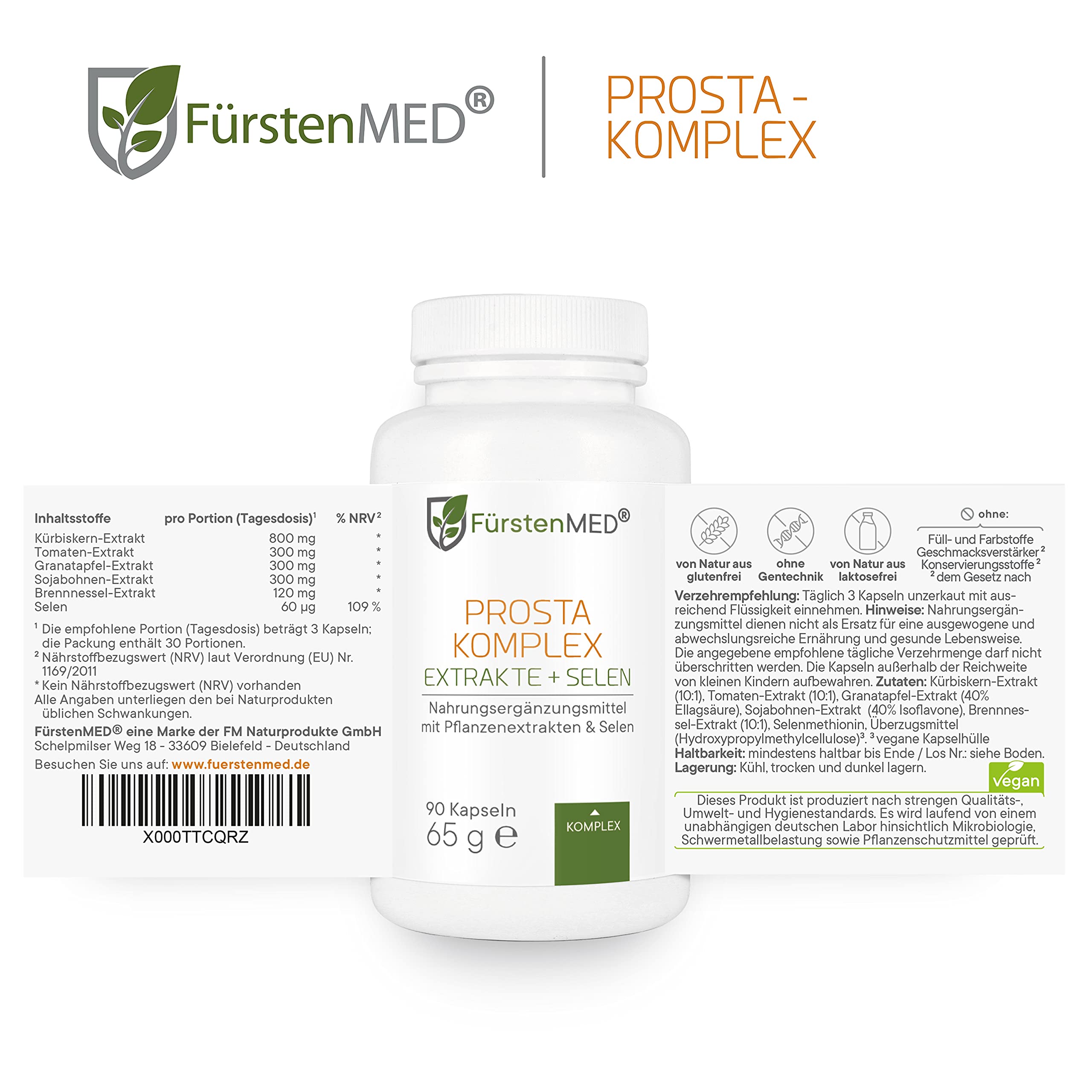 FürstenMED® Prosta Komplex Hochdosiert mit Kürbiskern-Extrakt + Granatapfel + Brennnessel, Soja, Lycopene & Selen - 90 Vegane Kapseln speziell entwickelt für den Mann, Laborgeprüft & Ohne Zusätze