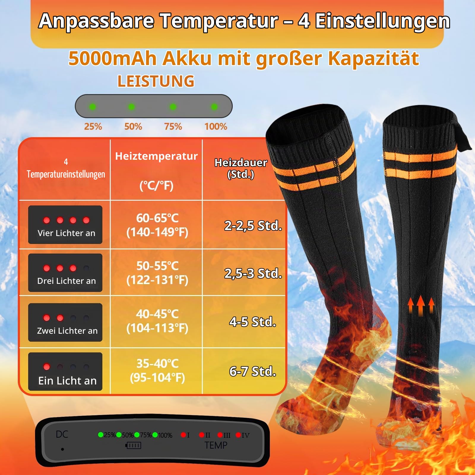 ROCKY&CHAO Beheizbare Socken Damen Herren, 5000 mAh Akku Heizsocken mit Powerbank, 4 Heizstufen Fußsohlenwärme, Waschbare Wärmesocken mit Wäschesack, Ideal für Winter Outdoor-Sport Fußwärmer