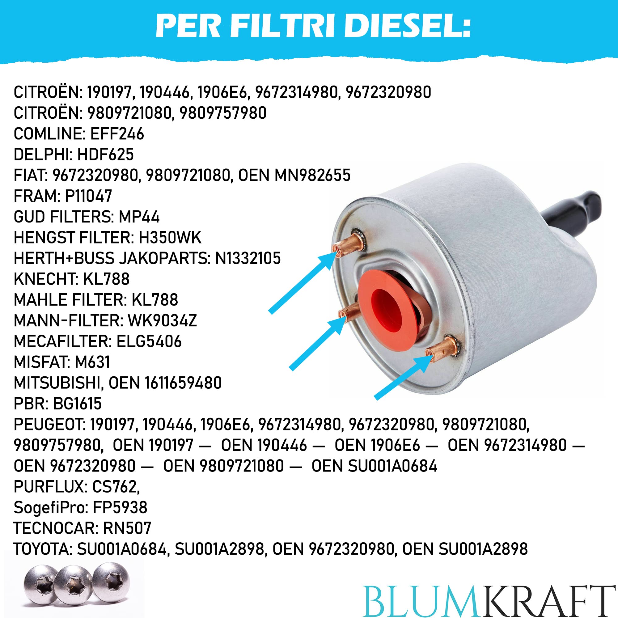 BLUMKRAFT 10x Viti compatibili con Peugeot Citroen DS OEM 190449 VITE INOX per filtro diesel