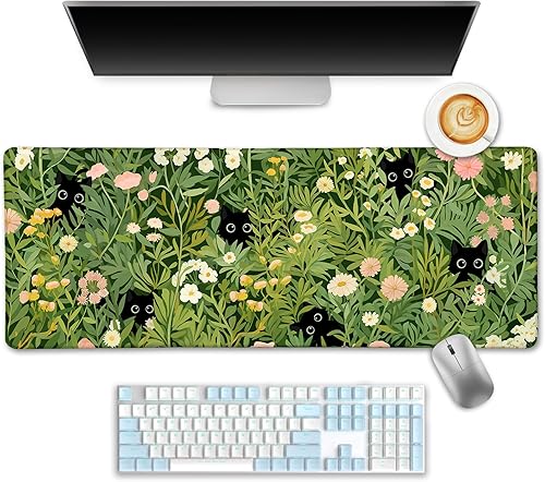 Divertida alfombrilla de escritorio con diseño de flor de gato negro, alfombrilla grande para mouse para juegos, alfombrilla de mouse para
