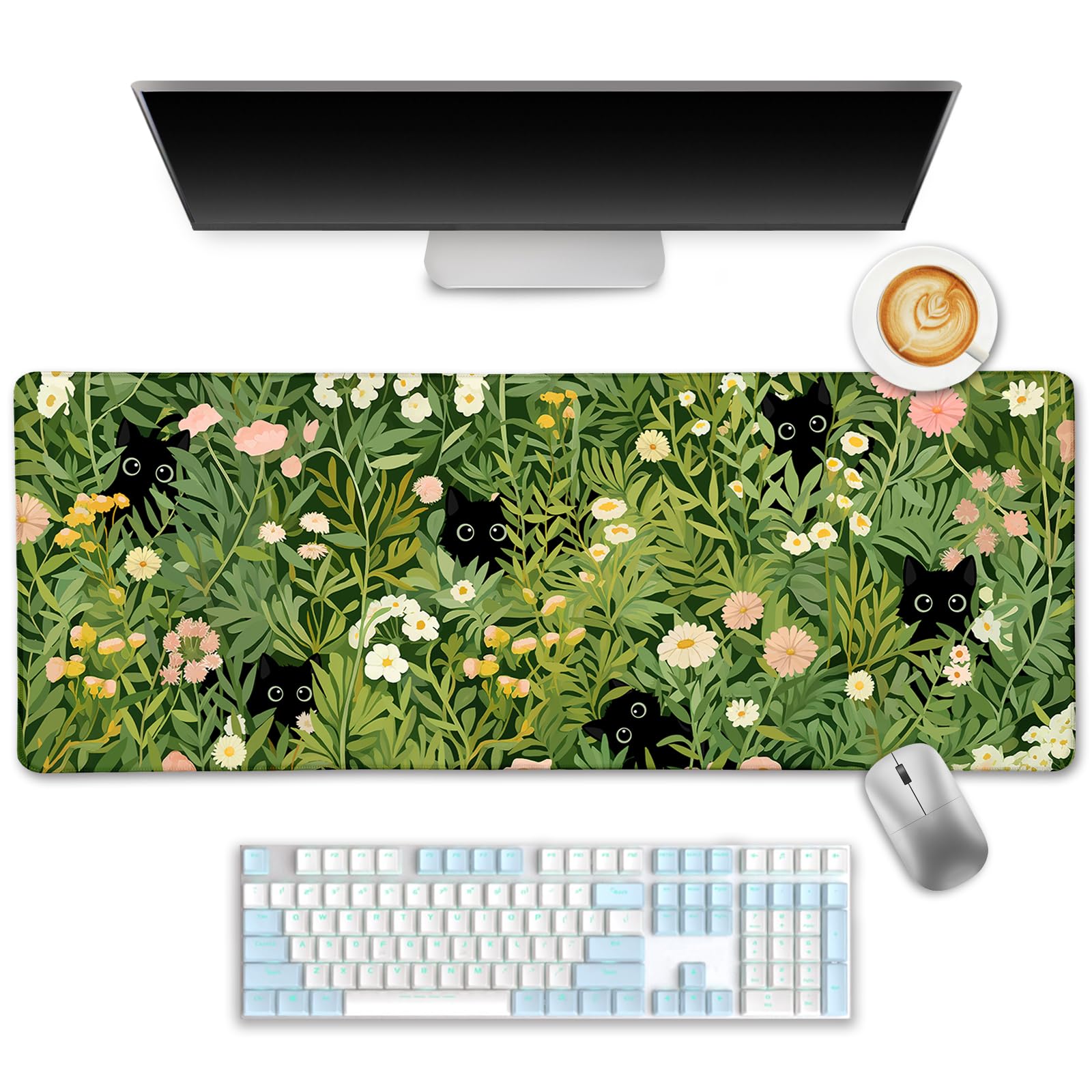 Anime Cat Mouse Pad Green Desk Mat, XL Gaming Mouse Pad with Stitched Edges Non-Slip, Large Keyboard Mat for Desktop Computer Laptop Work Home Cute Office Desk Accessories 31.5x11.8 in