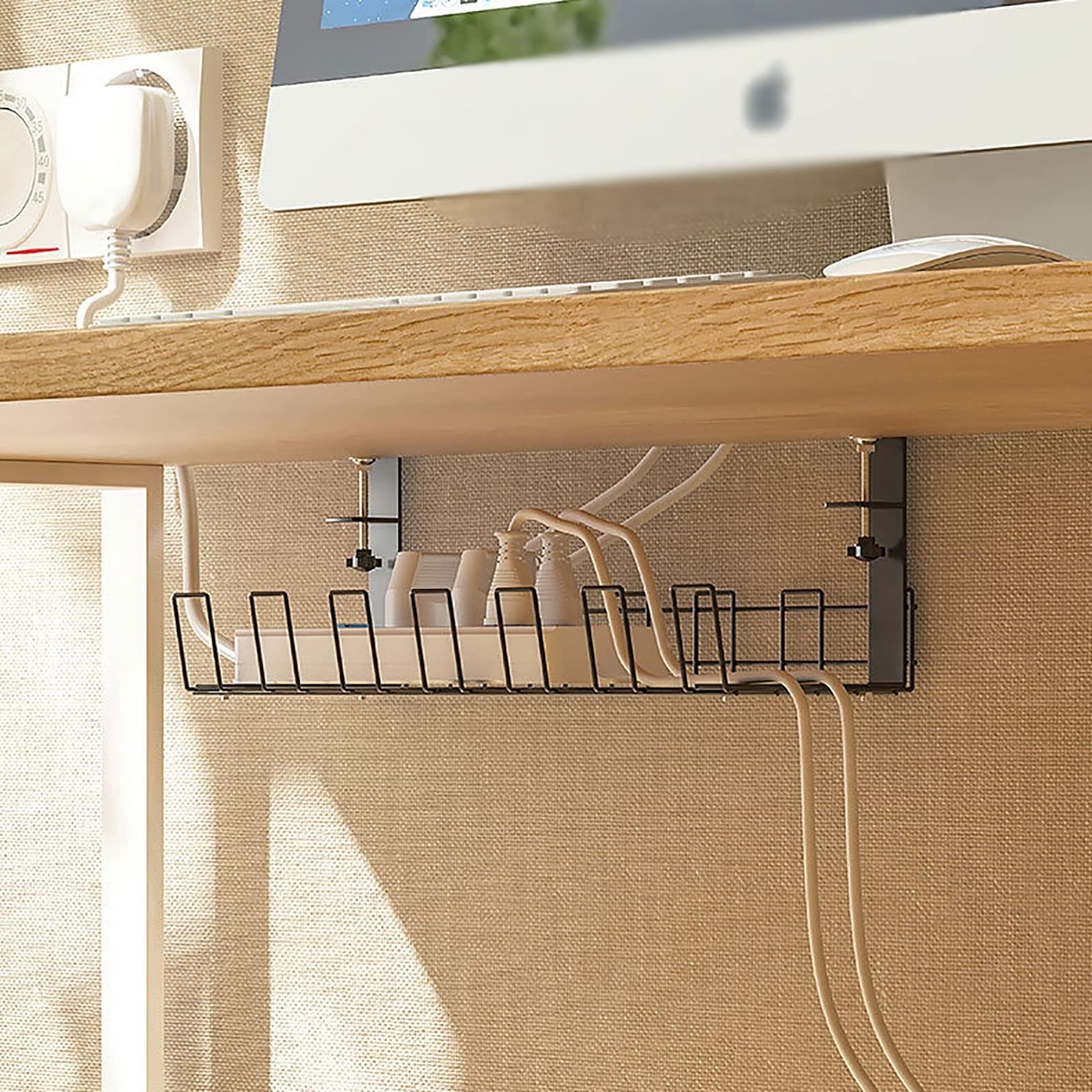 Taca do zarządzania kablami pod biurkiem Organizer na kable Wtyczka druciana pod koszem pod biurkiem Zarządzanie kablami Stojak Przechowywanie pod biurkiem Organizer na kable (kolor: czarny, rozmiar: S)