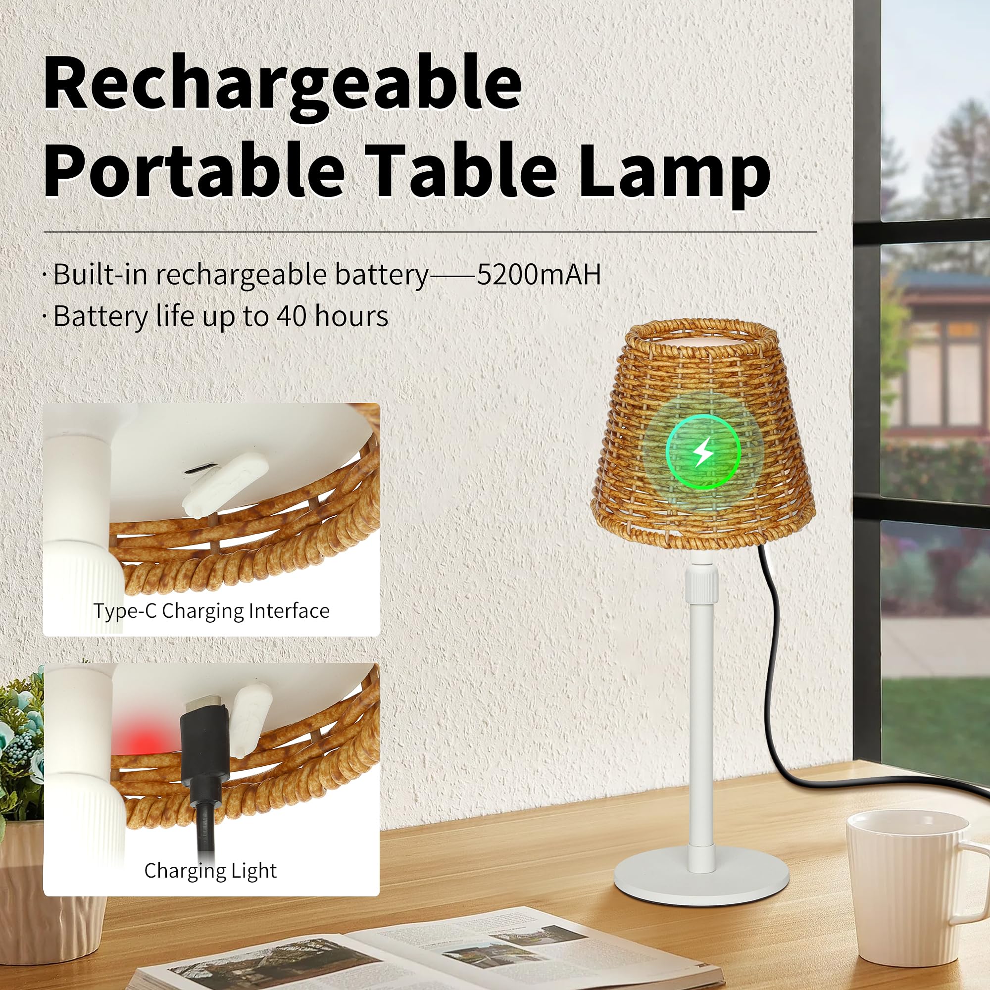 Mr.White Lampe de table d'extérieur étanche rechargeable sans fil avec abat-jour en osier, lampe de table à piles 5200 mAh avec poteau télescopique, pour terrasse, restaurant, cuisine (blanc)
