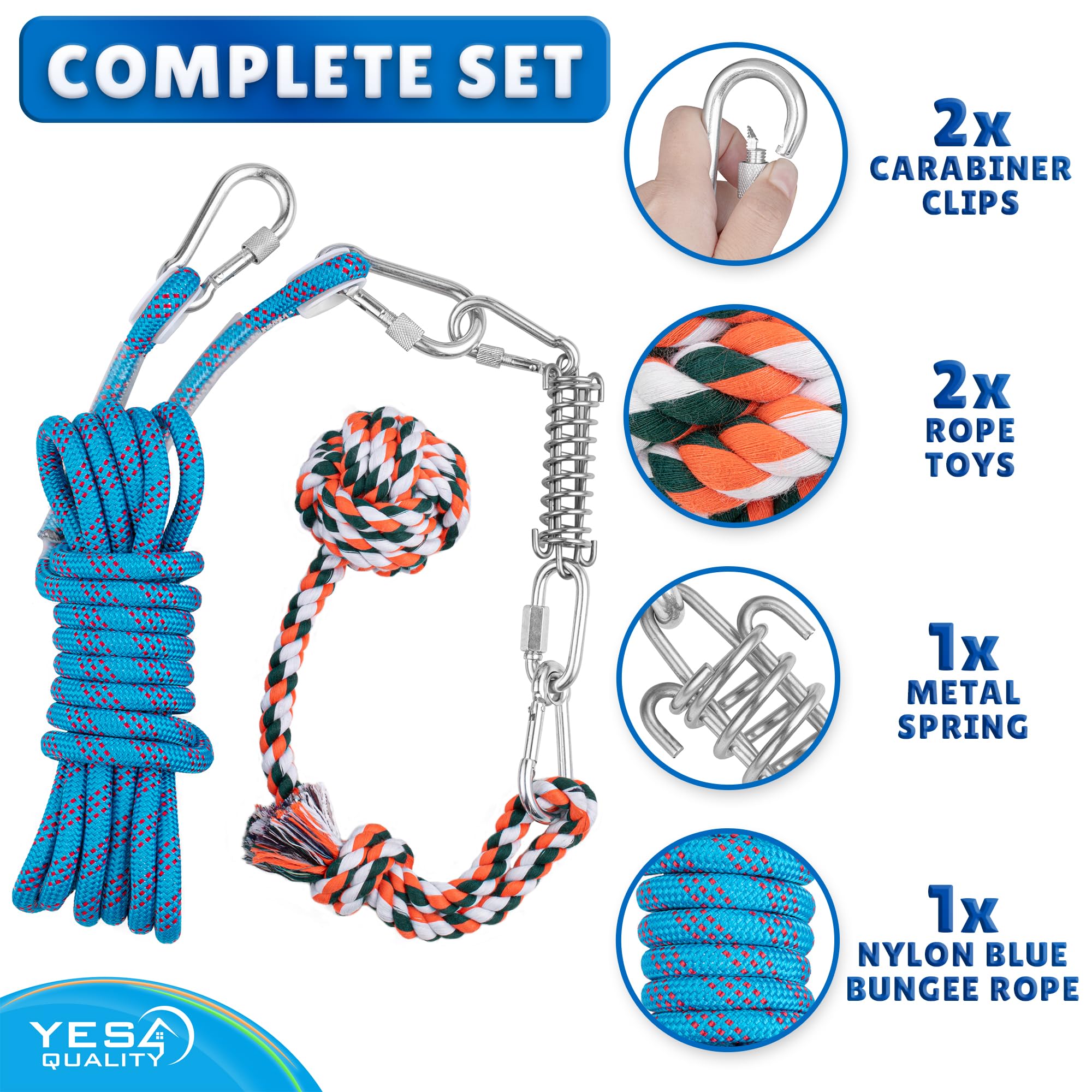 Yes4Quality Bungee Giocattolo da Appendere per Cani, Corda Interattiva Blu da Rimorchio con Kit di Molle in Metallo e 2 Giochi in Corda, Attrezzatura per Esercizi Pesanti per Cani