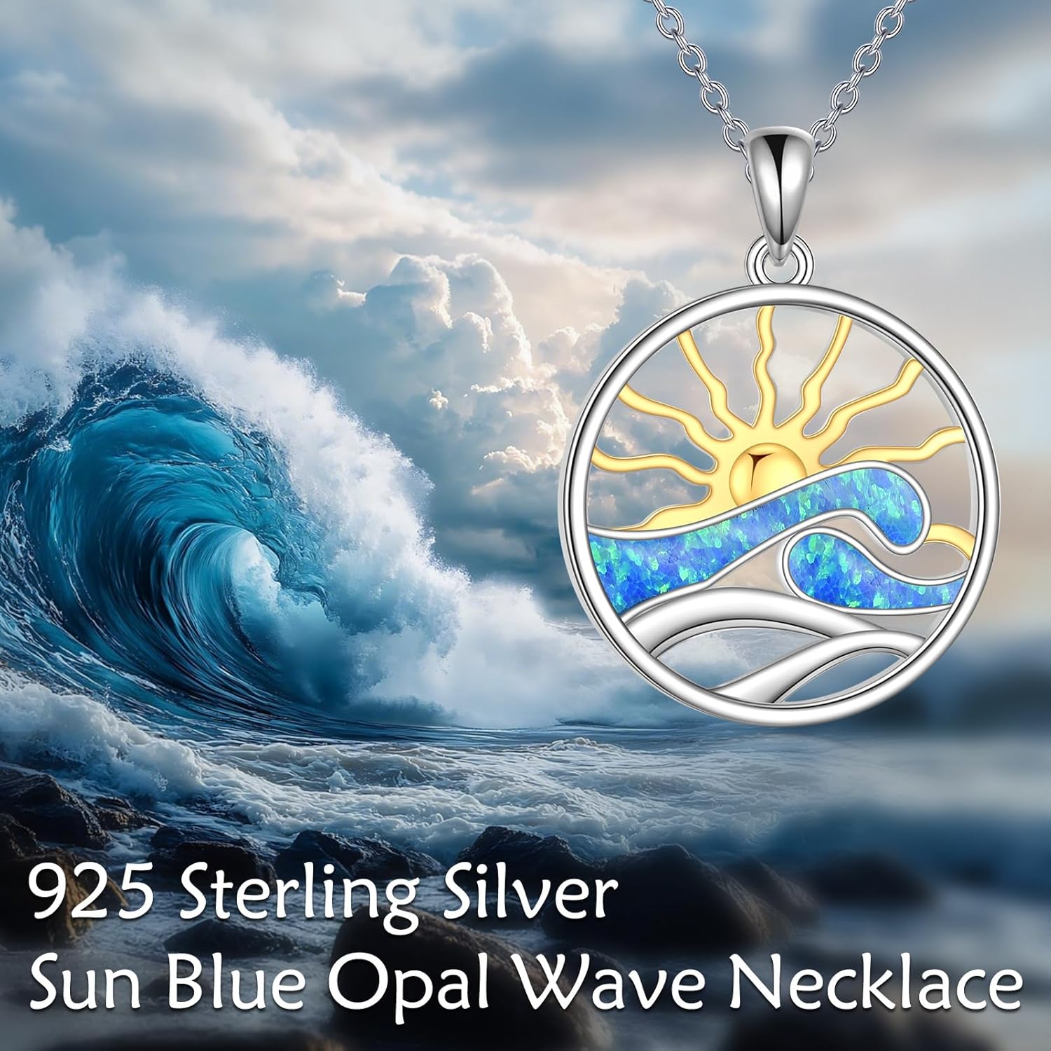 POPLYKE Wave Necklace 925 Sterling Silver Ocean Wave Sun Pendant Necklace Beachy Sea Pendant Ocean Wave Sun Jewelry for Women Men - Image 5