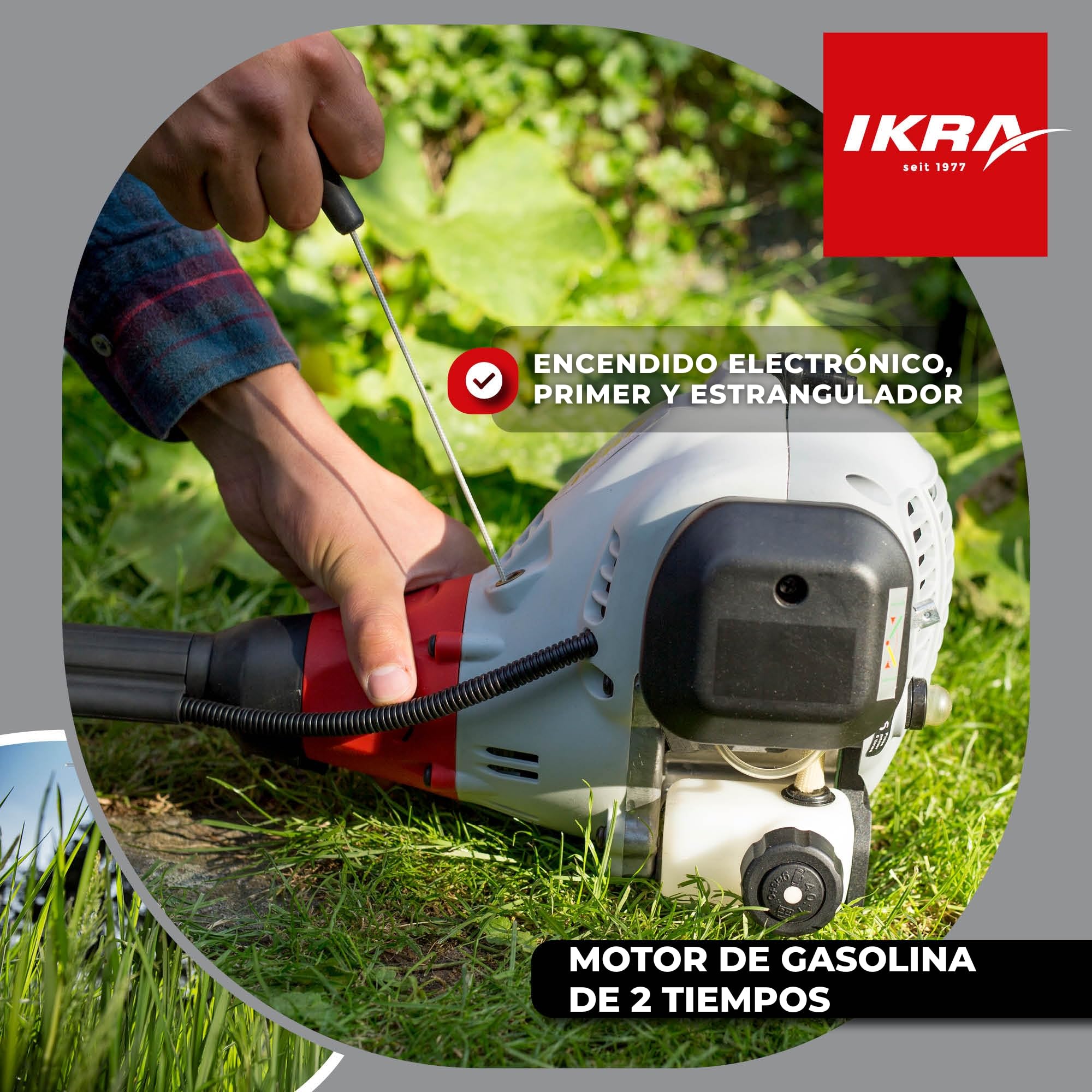 IKRA desbrozadora de Gasolina IBF 25-1 con Bobina de Hilo y Cuchilla | 25 cm³, 0,8 kW, motor de gasolina de 2 tiempos, ancho de corte de 23 cm, para cortar hierba alta, ramas pequeñas y maleza