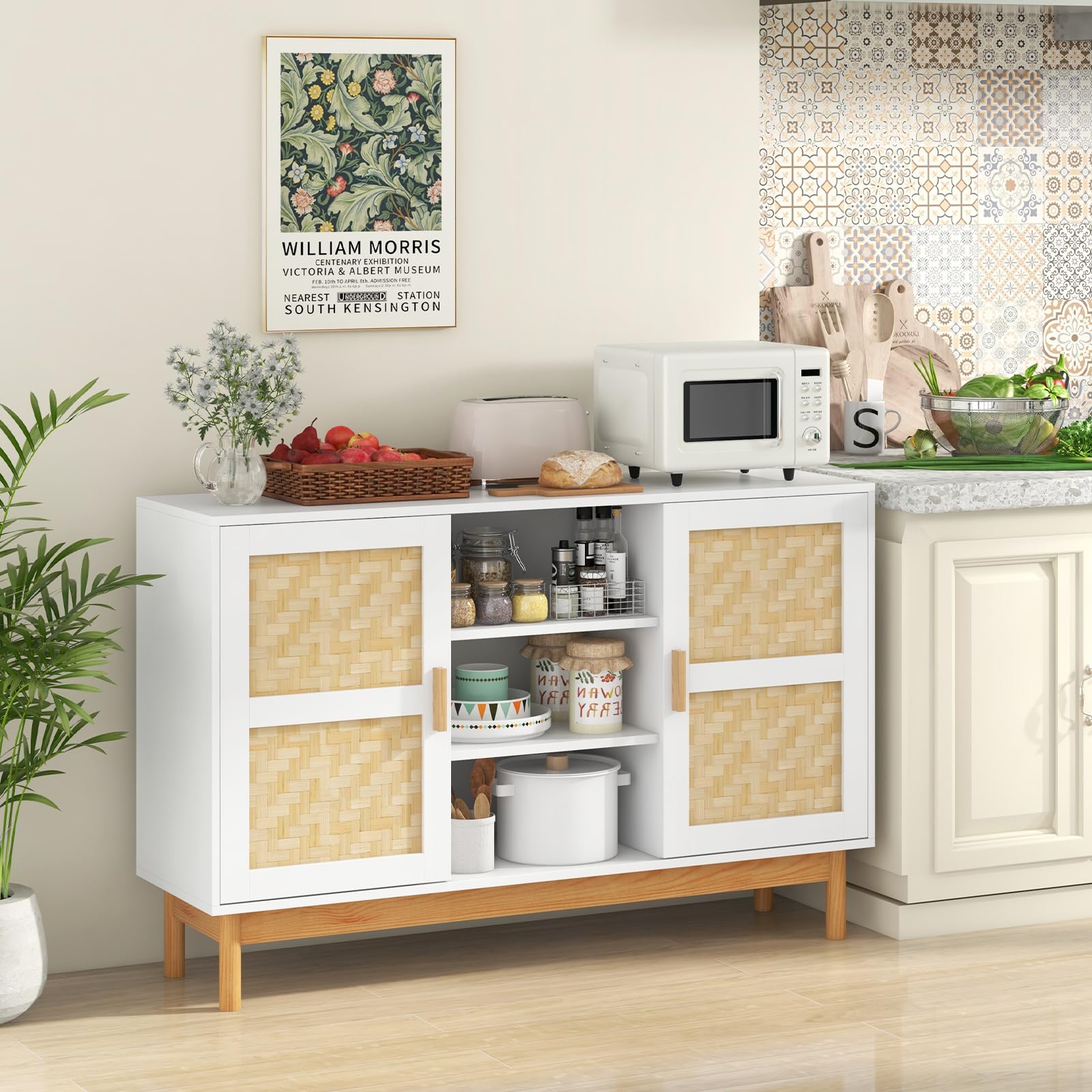 COSTWAY Credenza Buffet da Cucina, Mobile da Cucina con 2 Porte Intrecciate in Bambù, 3 Ripiani Aperti, per Cucina, Sala da Pranzo, Soggiorno e Ingresso, 120 x 35 x 78 cm