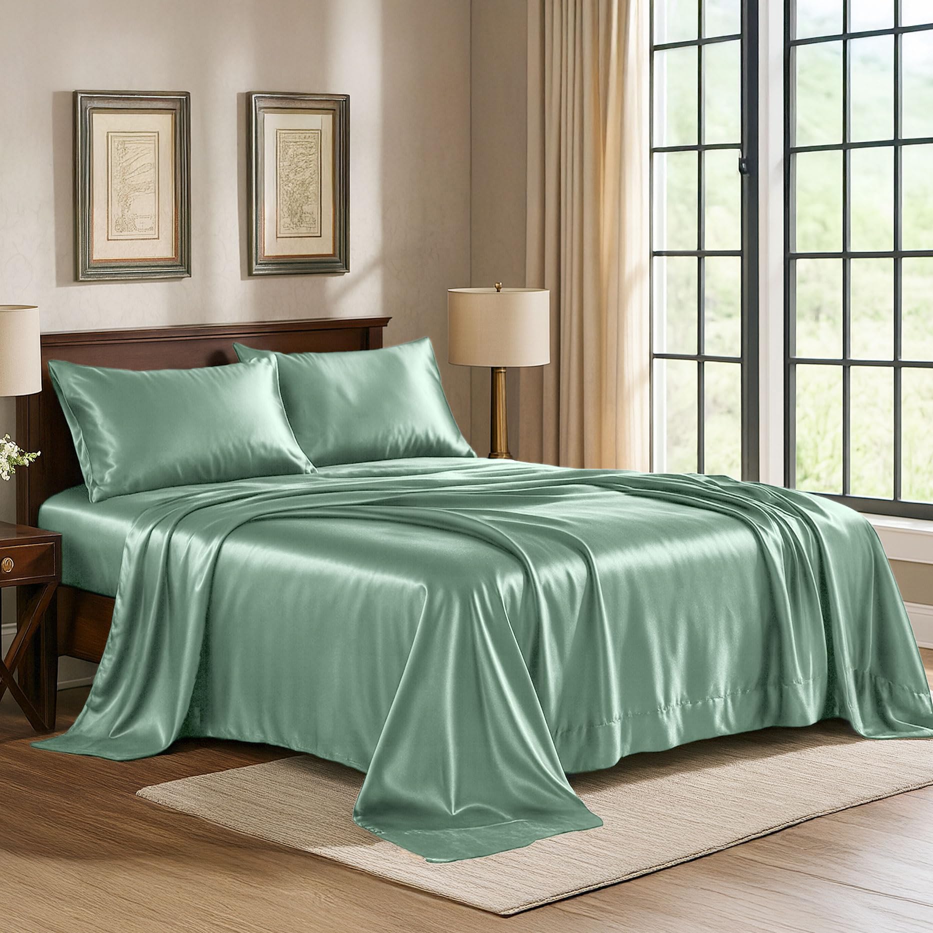 Pure Bedding Satin Sheets Twin [3-Piece, Champagne Green] Hotel Luxury Silky Bed Sheets - Extra Soft 1800 Microfiber Sheet Set, Wrinkle, Fade, Deep