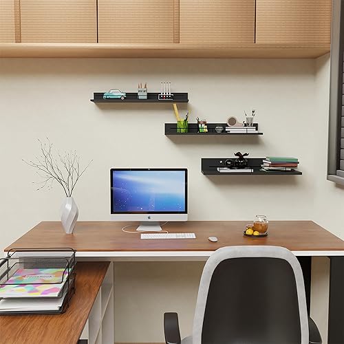 Miniatura 6 de Giftgarden Estantes flotantes negros de 16 pulgadas con barandilla de metal negro, estantes de madera para almacenamiento de pared, juego de 3,