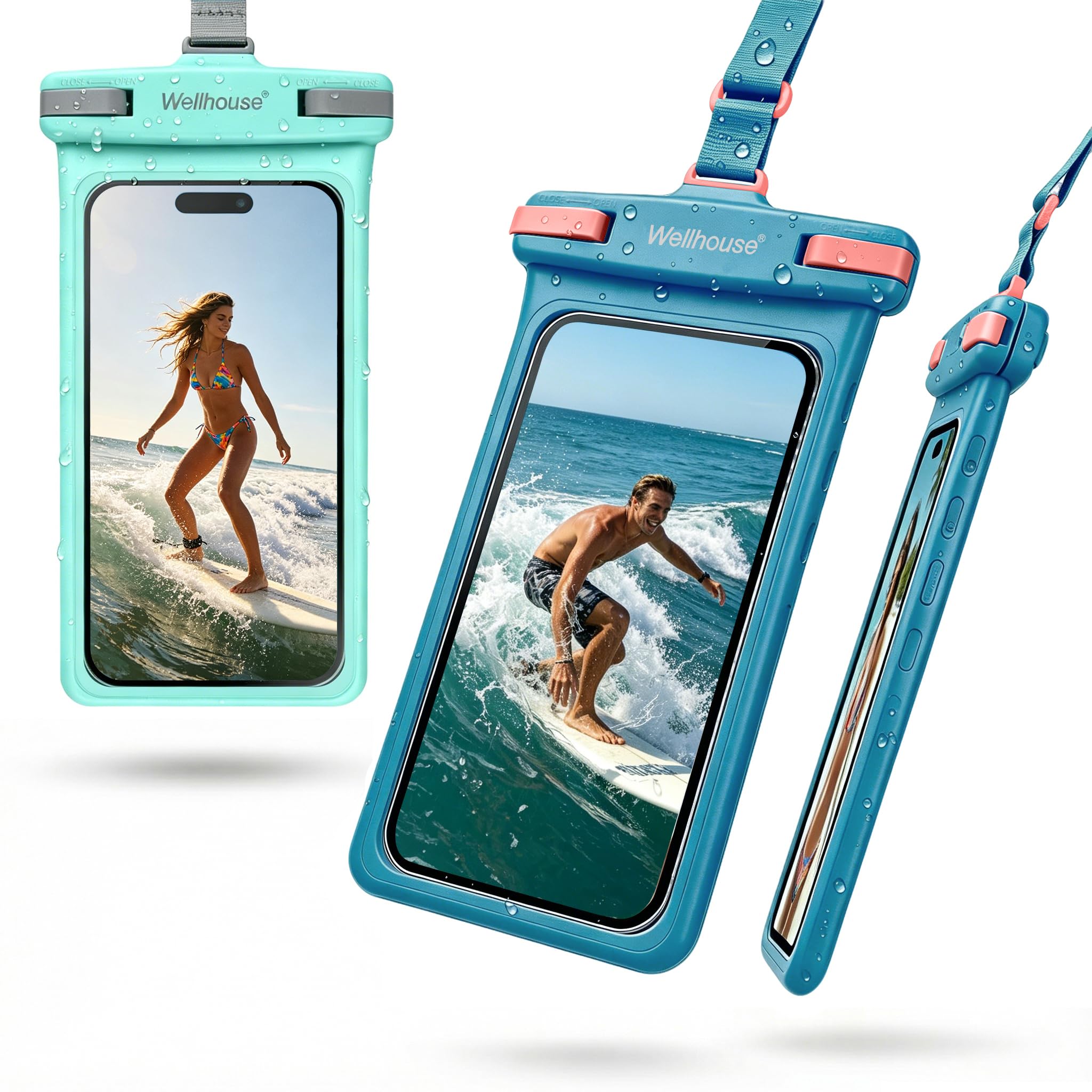 wellhouse Waterproof Phone Pouch, Waterproof Phone Case for iPhone 17 16 15 14 13 Pro Max XS Samsung, IPX8 3D Cellphone Dry Bag Beach Essentials (2 Pack -Earl Blue &amp; Green 7.0", 7 inch)