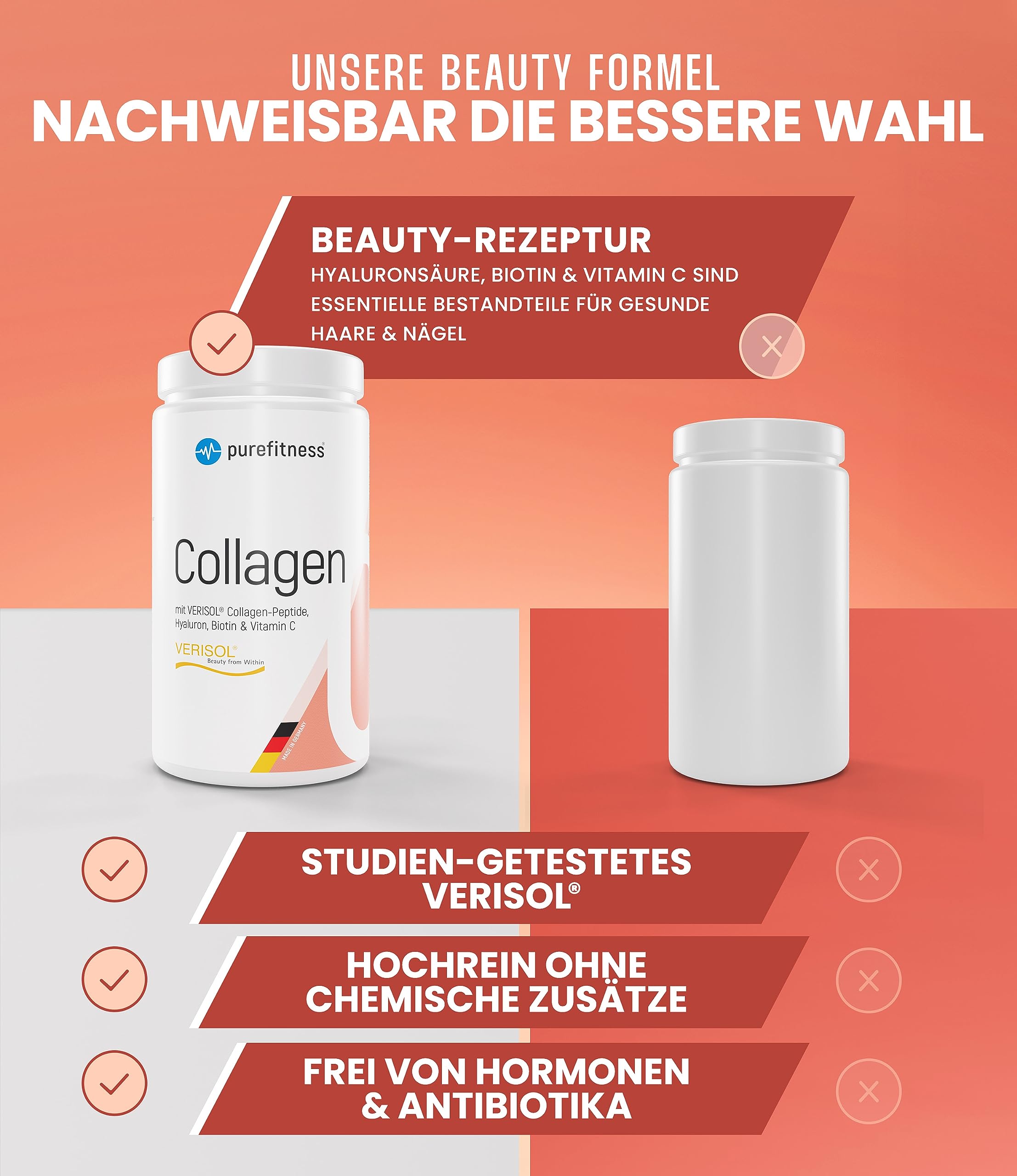Purefitness VERISOL® Collagen Pulver 600g [NOTE 1,1] mit BEAUTY-Formel - Patentiertes VERISOL® Collagen Peptide - Kollagen Pulver mit Hyaluron, Biotin & Vitamin C (Packung mit 2)