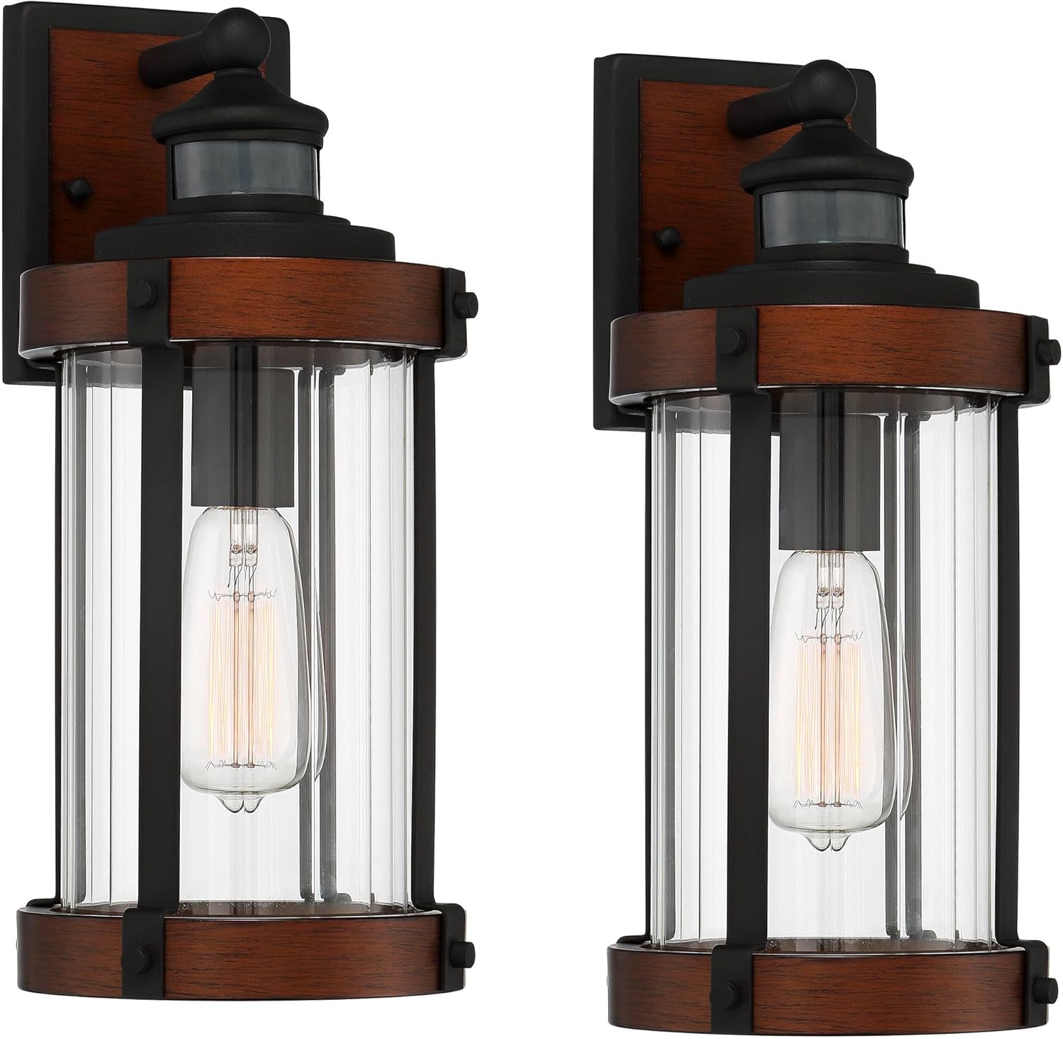 John Timberland Stan Industrial Outdoor Wall Light Fixtures Set of 2 Dark Faux Wood Black Metal Motion Sensor 15 1/2" Clear Glass for Cottage Core Post Exterior Barn Deck House Porch Yard Garage