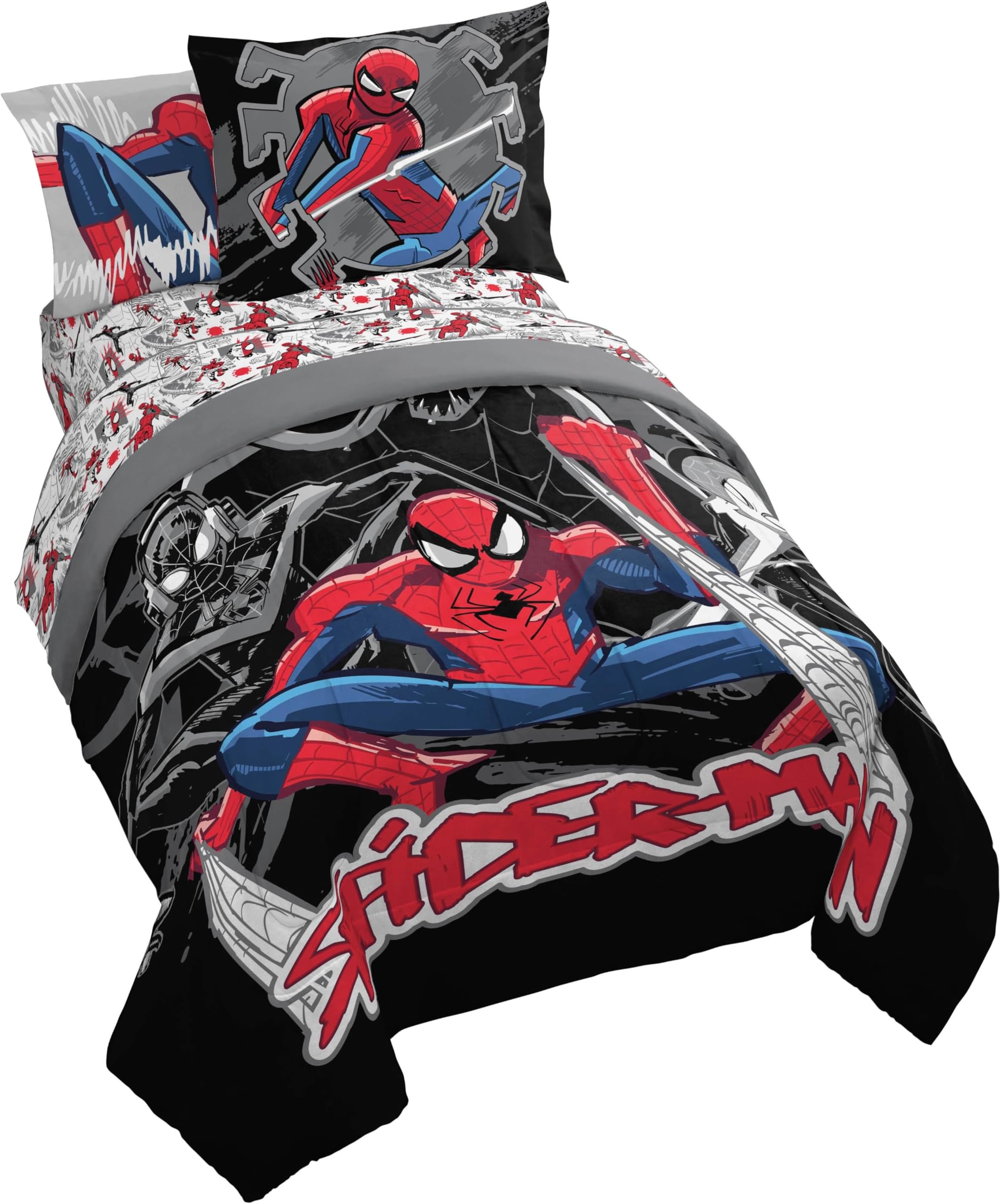 Kids Comforter Set Includes Sheets and Pillow Covers - Soft and Cozy Bed Set for Stylish Room Decor, Black - Spiderman, 7 Piece Full Bedding