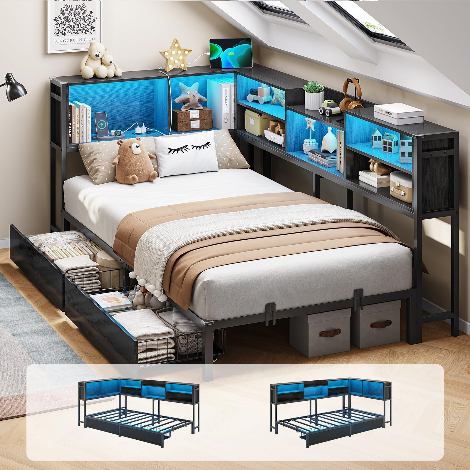 Amazon.com: DICTAC Twin XL Corner Bed Frame with Bookcase Storage