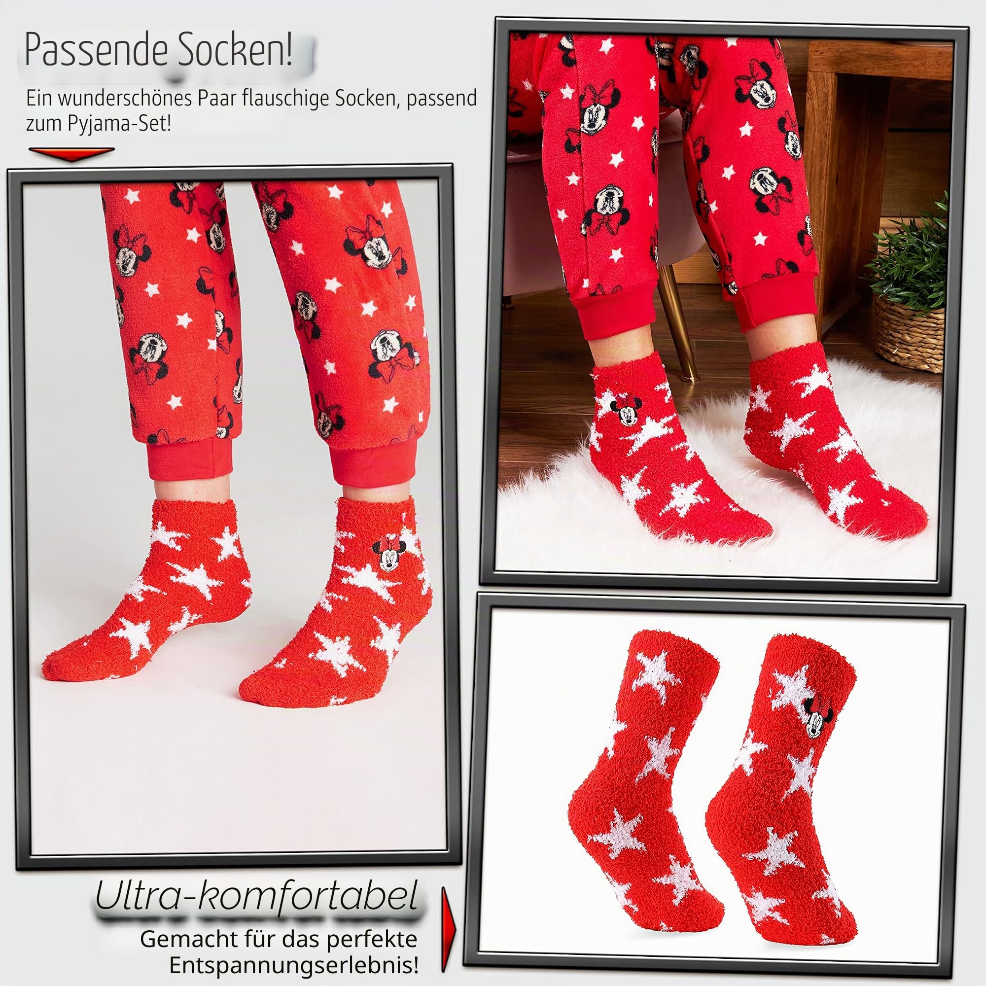 Disney Schlafanzug Damen mit Kuschelsocken Set Charaktere Stitch Geschenke Set (Weiß/Rot Minnie, L), 8691