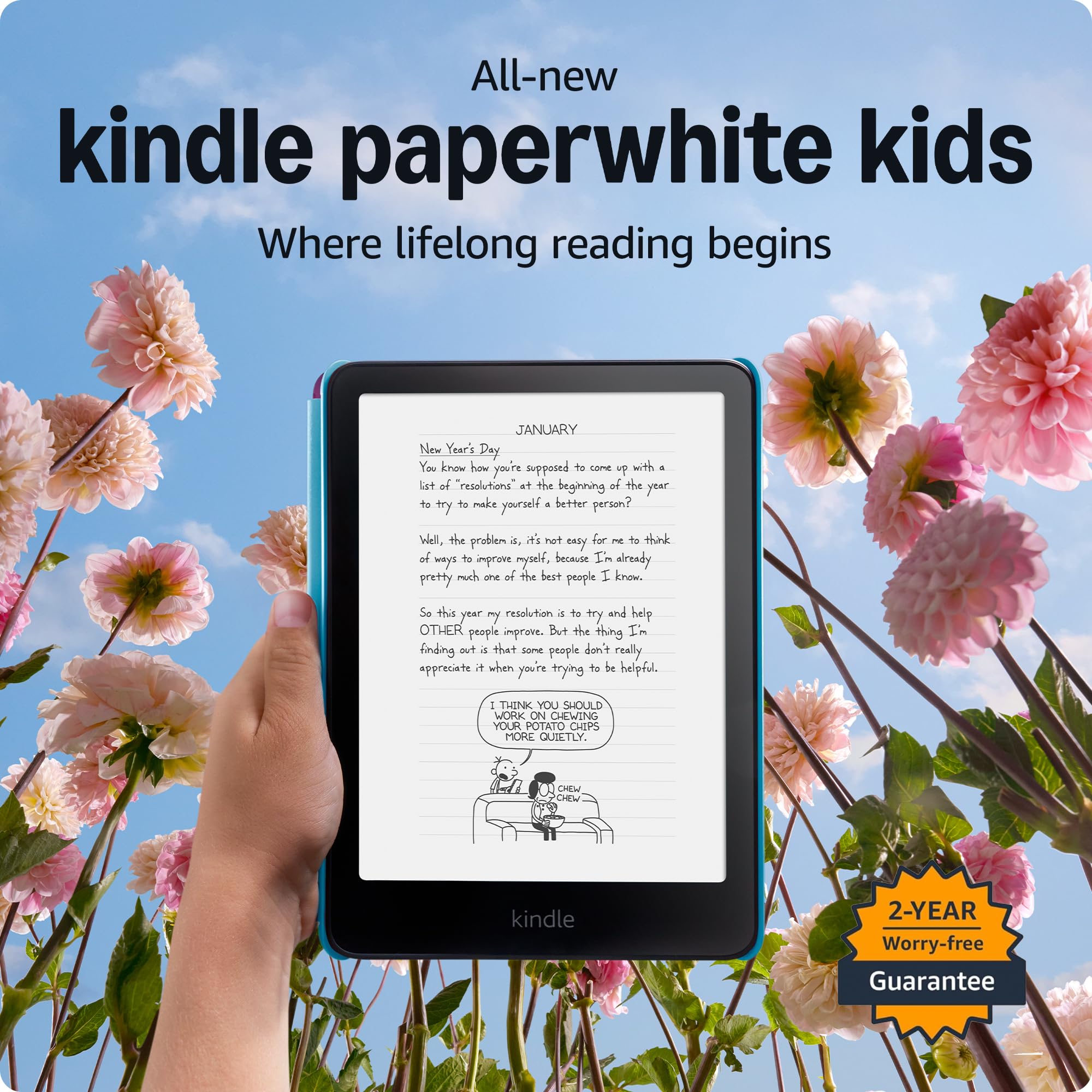 Amazon Kindle Paperwhite Kids 16GB (newest model) – Larger 7" glare-free display. Kids read an average of 1+ hour per day with Kindle – Diary of a Wimpy Kid