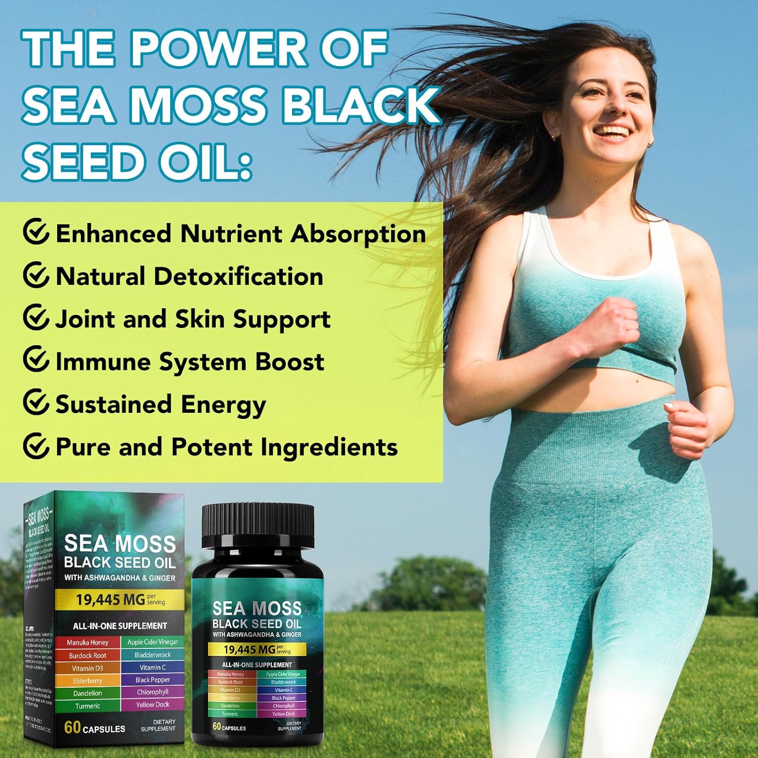 Sea Moss Black Seed Oil Ashwagandha Turmeric Bladderwrack Burdock Root Capsule with Chlorophyll,Elderberry,Manuka,Dandelion,Ginger,Vitamin C Vitamin D3,Immunity & Energy Support, 60 Counts - Image 5