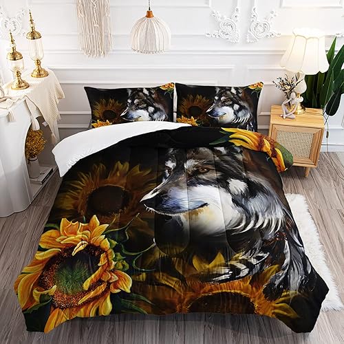 Juego de edredón con diseño de lobo, girasoles, galaxia, luna nocturna, juego de ropa de cama de 3 piezas para niños, adolescentes, decoración de