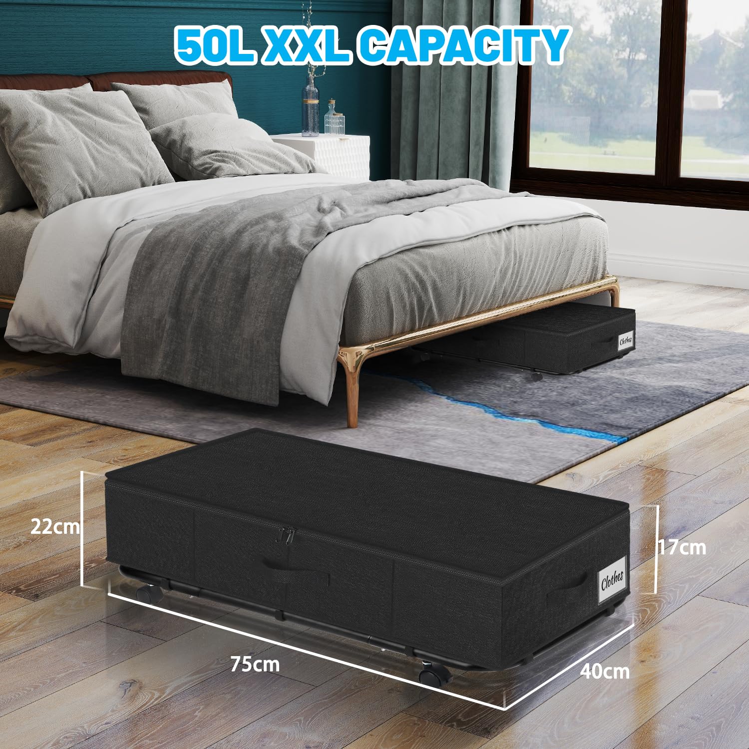 Contenitori portaoggetti da 50 l XL, robusti, con ruote, confezione da 2 contenitori arrotolabili sotto il letto, cassetti con supporto inferiore in metallo, contenitori per camera da letto con