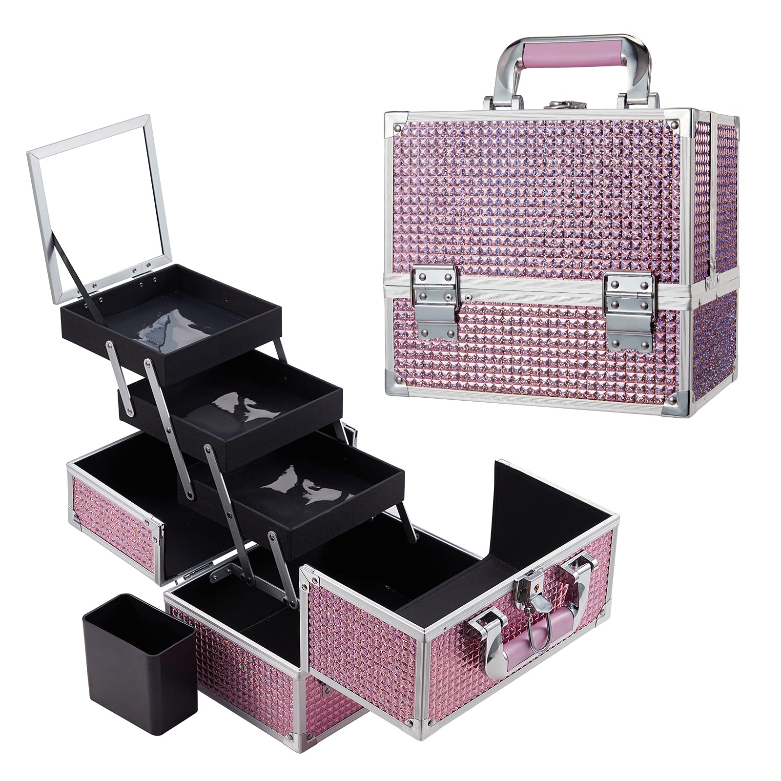 Makeup Train Case, Frenessa Large Makeup Box Organizer with Brush Holder, Cosmetic Train Case Makeup Organizer for Home Travel, Giltter Pink