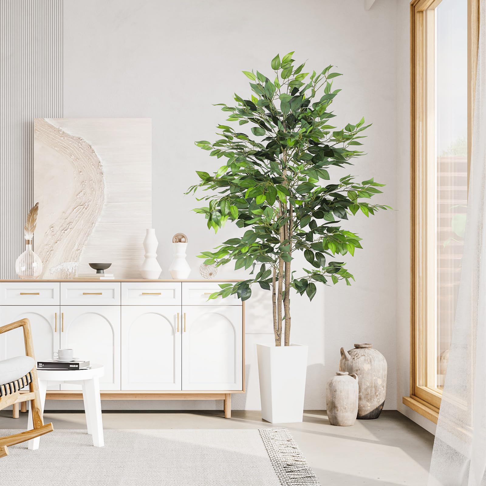 YOLEO Kunstpflanze Ficus Benjamini 180cm mit weißem Topf | Kunstbaum Ficusbaum wie echt, Birkenfeige für Wohnzimmer, Büro, Garten