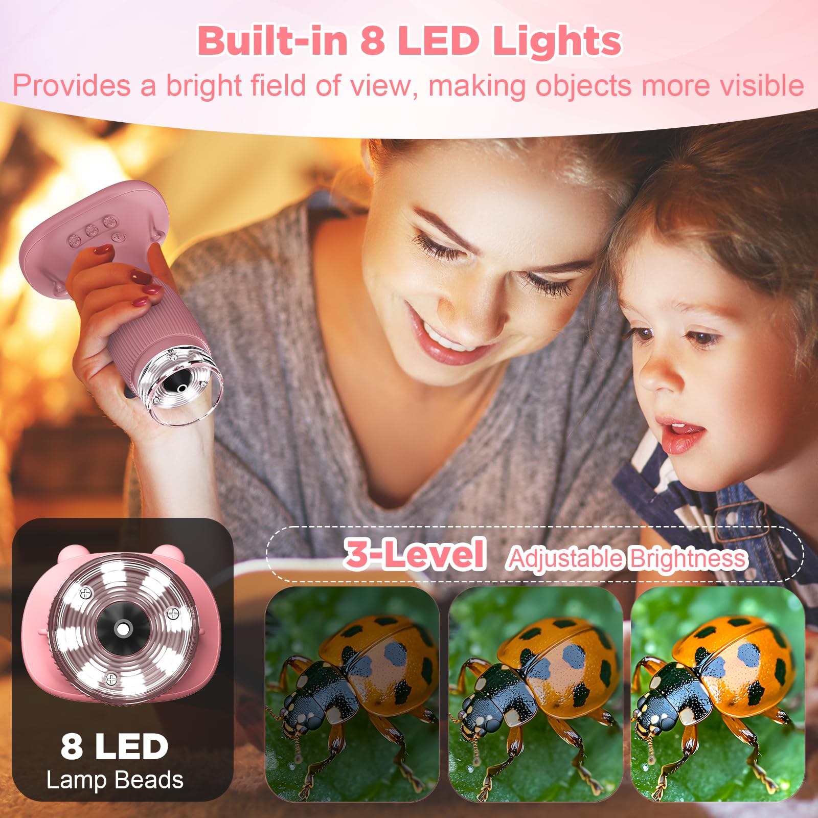 MAXLAPTER Microscopio Digitale Portatile per Bambini: 1000X Microscopio Tascabile con Schermo IPS da 2" e 8 Luci a LED Regolabili - Regalo di Compleanno per Ragazzi e Ragazze dai 3-12 Anni, Rosa