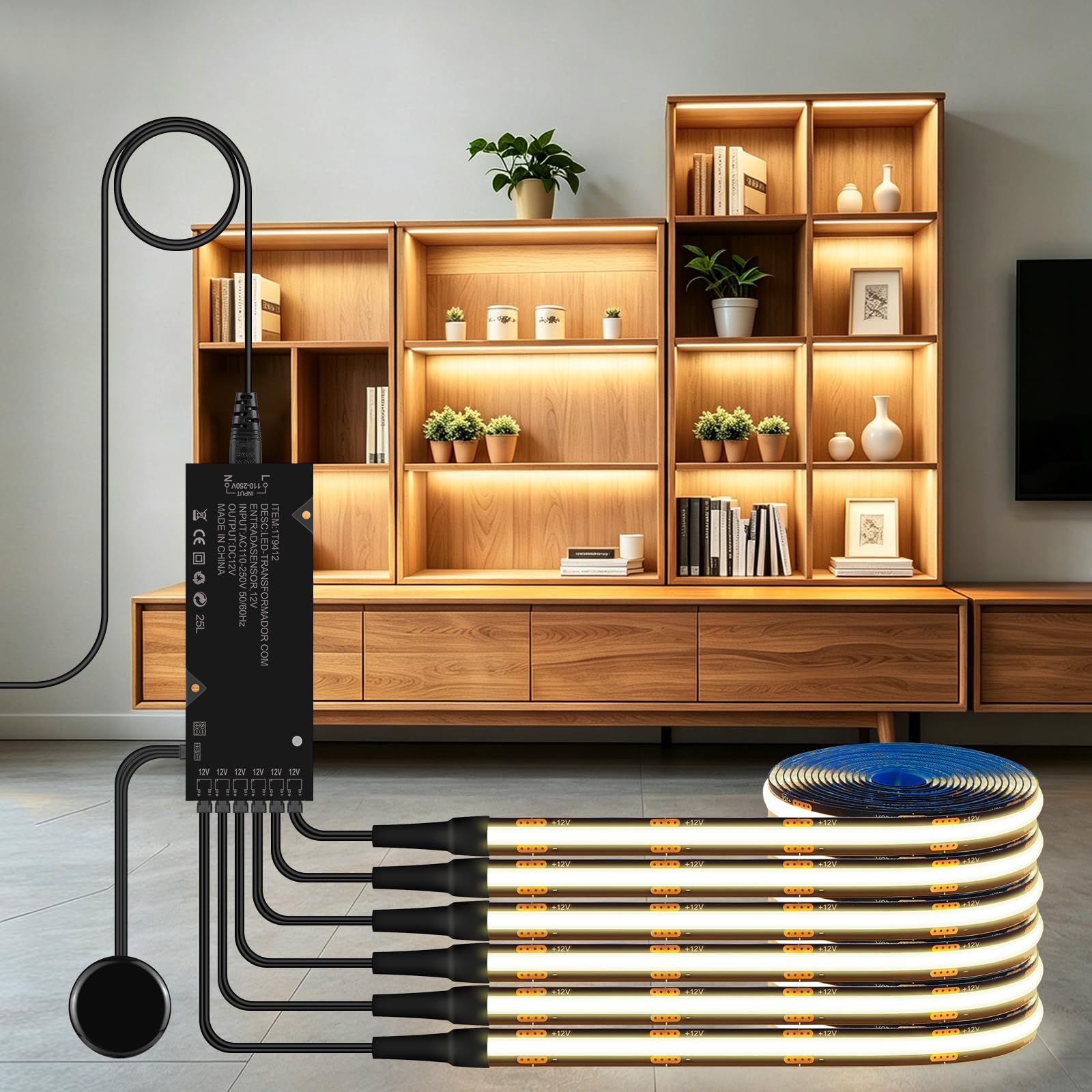 AIMENGTE COB LED Strip, 3M 6 Rolls Natural White Cuttable Led Light Strips, 12V Cabinet Light with Touch and Hand Sweep Dimmer for Wine Cabinets, Shelves, Cupboards, Kitchen