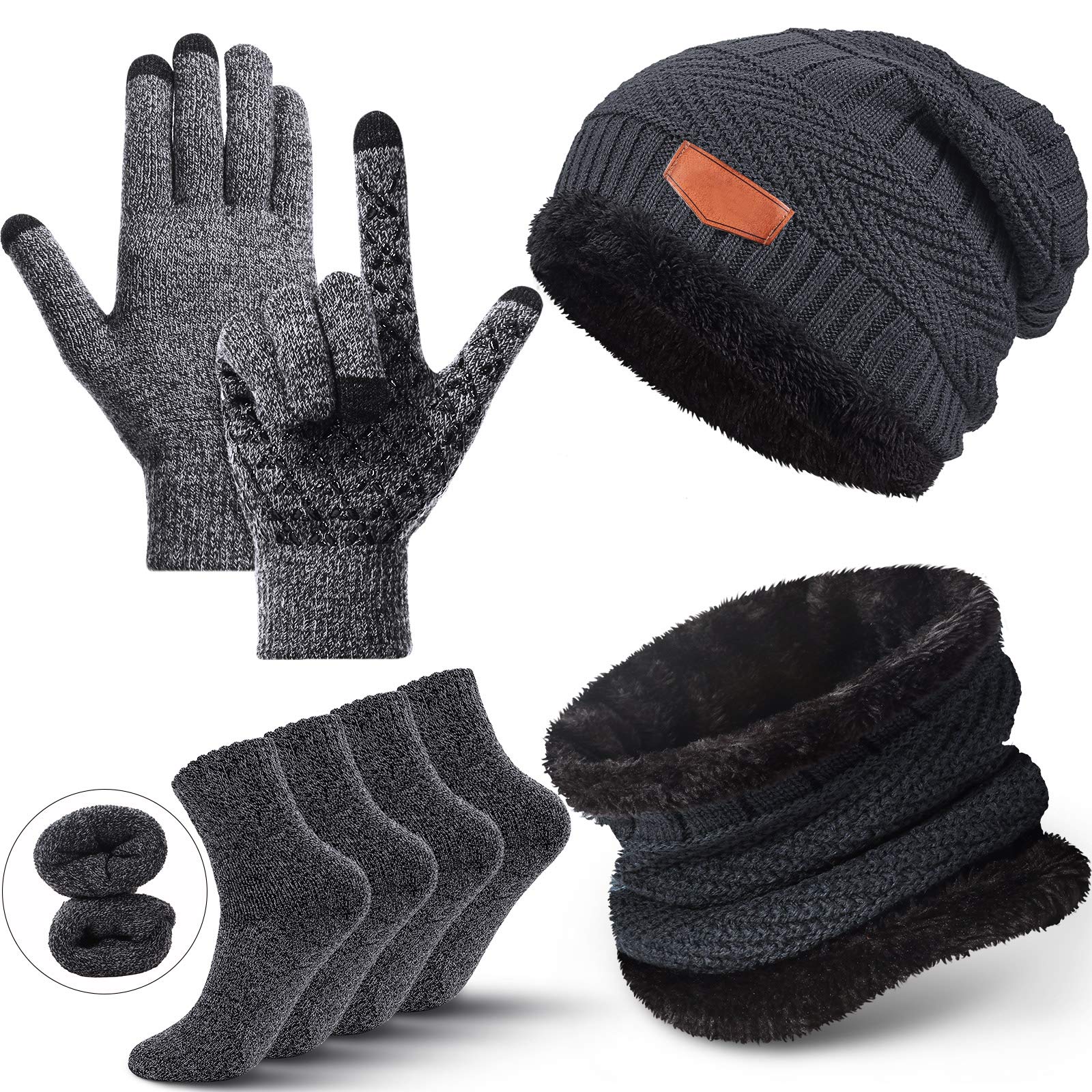 Winter Fleece Lined Beanie, Scarf, Sock Touchscreen Gloves Set, Black, White-Black, Dark Gray, One Size
