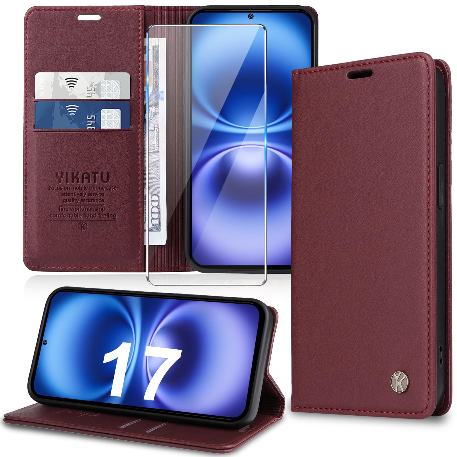 Migexxkj Handyhülle für 17 Hülle [mit Schutzfolie][Premium PU Leder] Klapphülle Kartenfach Magnetic Ständer Flip Case Cover Etui Tasche Schutzhülle für 17 6.3“(Rot)
