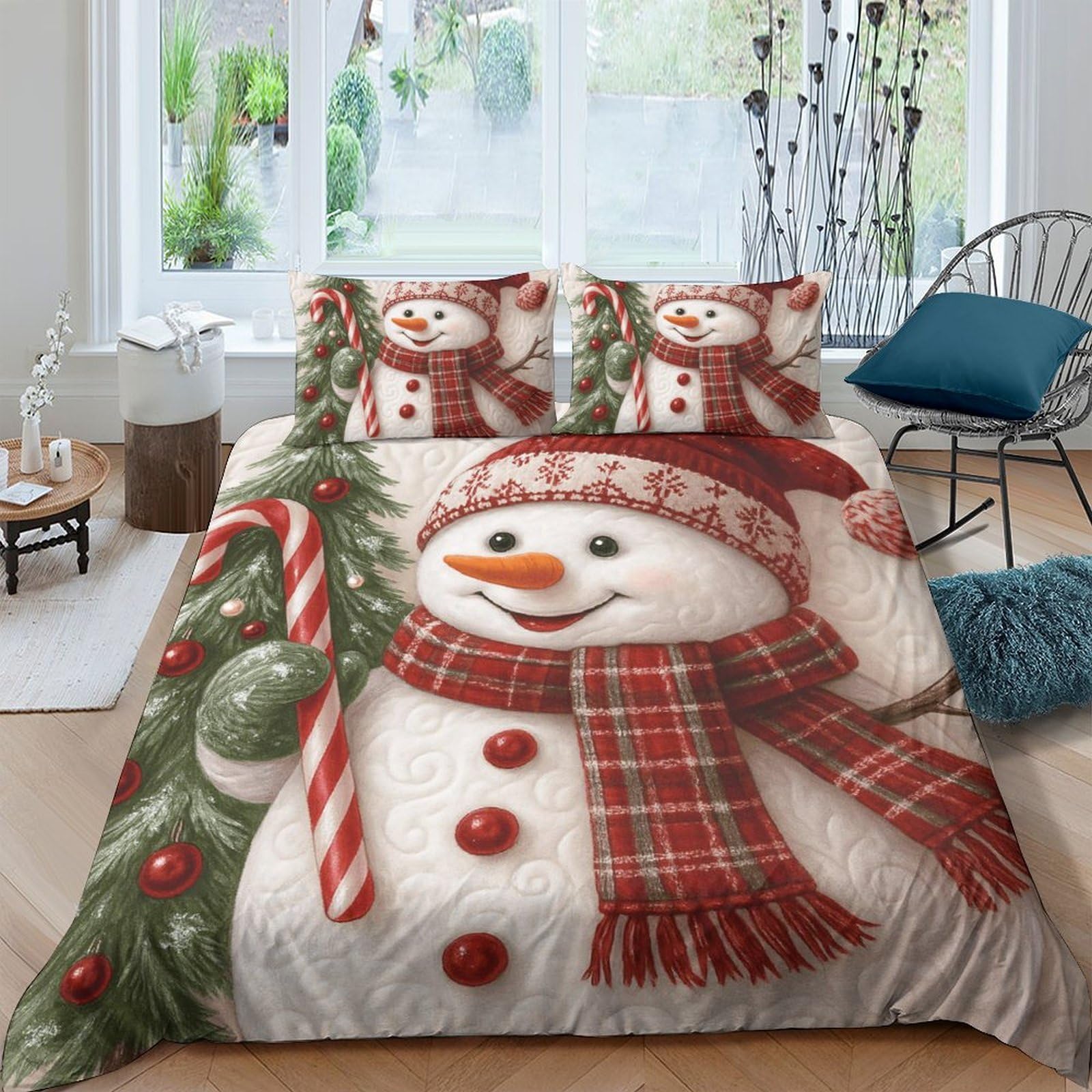 TUFRTGYHN 3D Printed Christmas Snowman Duvet Cover Set Microfiber Soft Breathable Candy Cane Quilt Cover with 2 Pillowcases for Bedroom Decor Single（135x200cm）