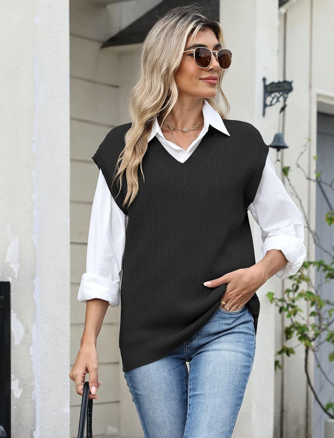 ZAFUL Womens V Neck Sweater Vest Cap Sleeve Oversized Ribbed Cable Knit Casual Loose Tank Top Pullover - Image 6