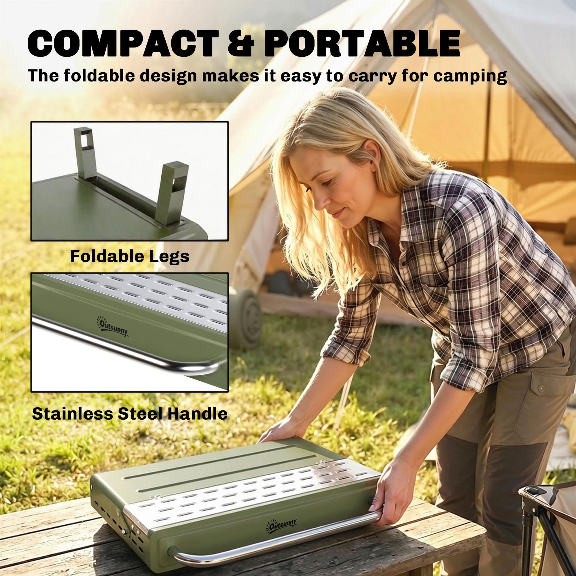 Outsunny Portable BBQ Grill, Charcoal Barbecue Grill with Adjustable Grates, Foldable Legs and Side Shelf for Camping Hiking Picnic Travel Garden Outdoor Cooking, Green — view 9