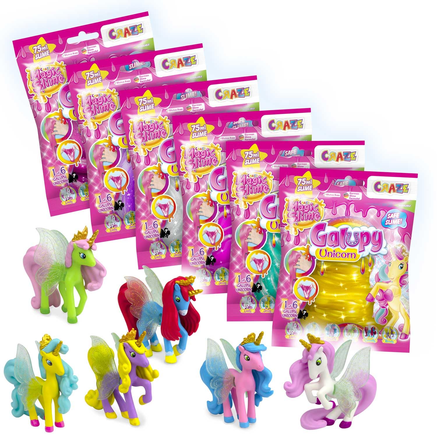 CRAZE Magic Slime 6 x 75ml Bags Slime for Kids – Galupy Unicorn Figure for Girls, Alternative to Playdough, 6 Random Colours Kids - Fun Gifts for Girls Ages 3+