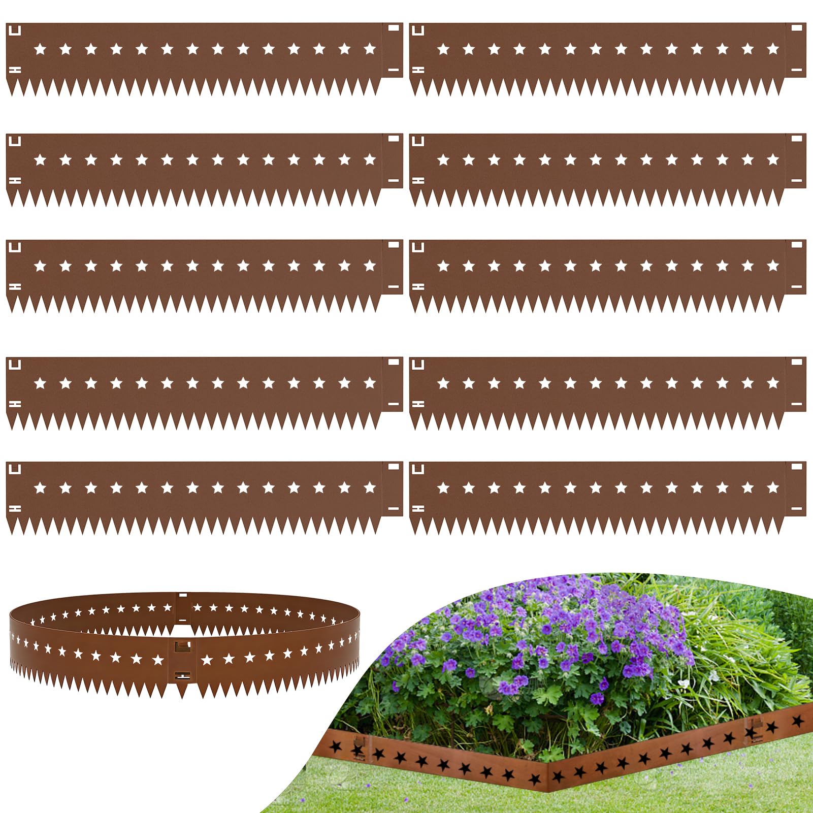 wowspeed Lawn Garden Edging Border 10PCS, Star Pattern Total 10.75m Metal Lawn Edging, 15cm Face Height Flexible Decorative Steel Edgings, Garden Landscape Pathway Borders Strip
