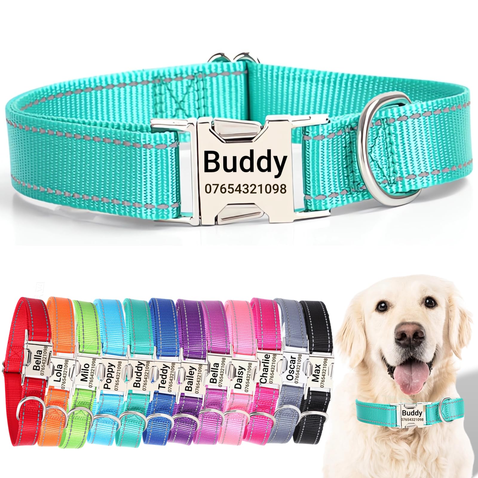 SEOUGEE Personalised Dog Collar with Engraved Metal Buckle, Reflective Nylon Collars for Small Medium Large Dogs with Custom Name Plate Phone Number (Dark Green, L:Neck 40-60cm,Width 2.5cm) — image 1