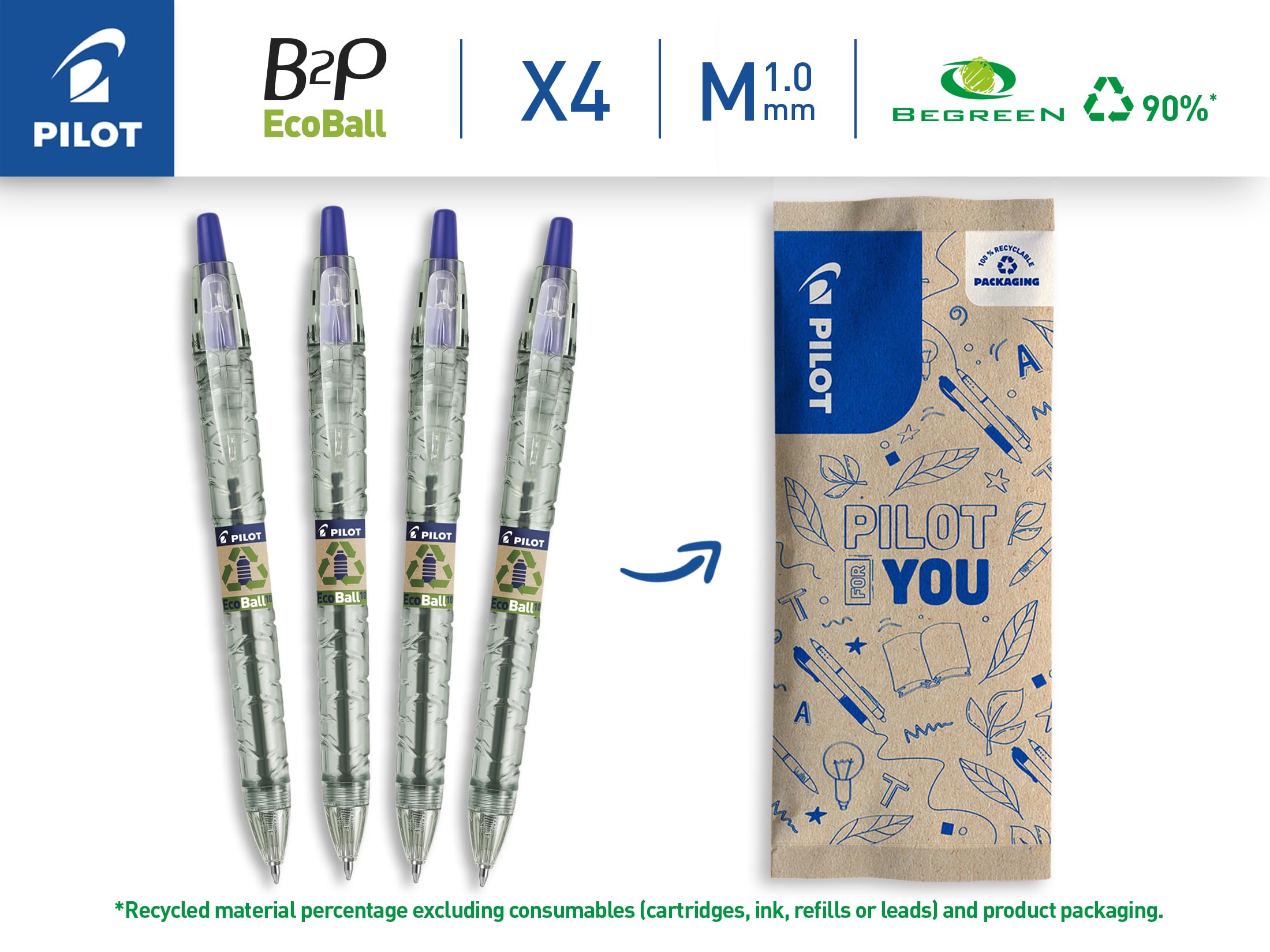 Zestaw 4 x długopis olejowy PILOT B2P Ecoball Begreen, kolor tuszu niebieski