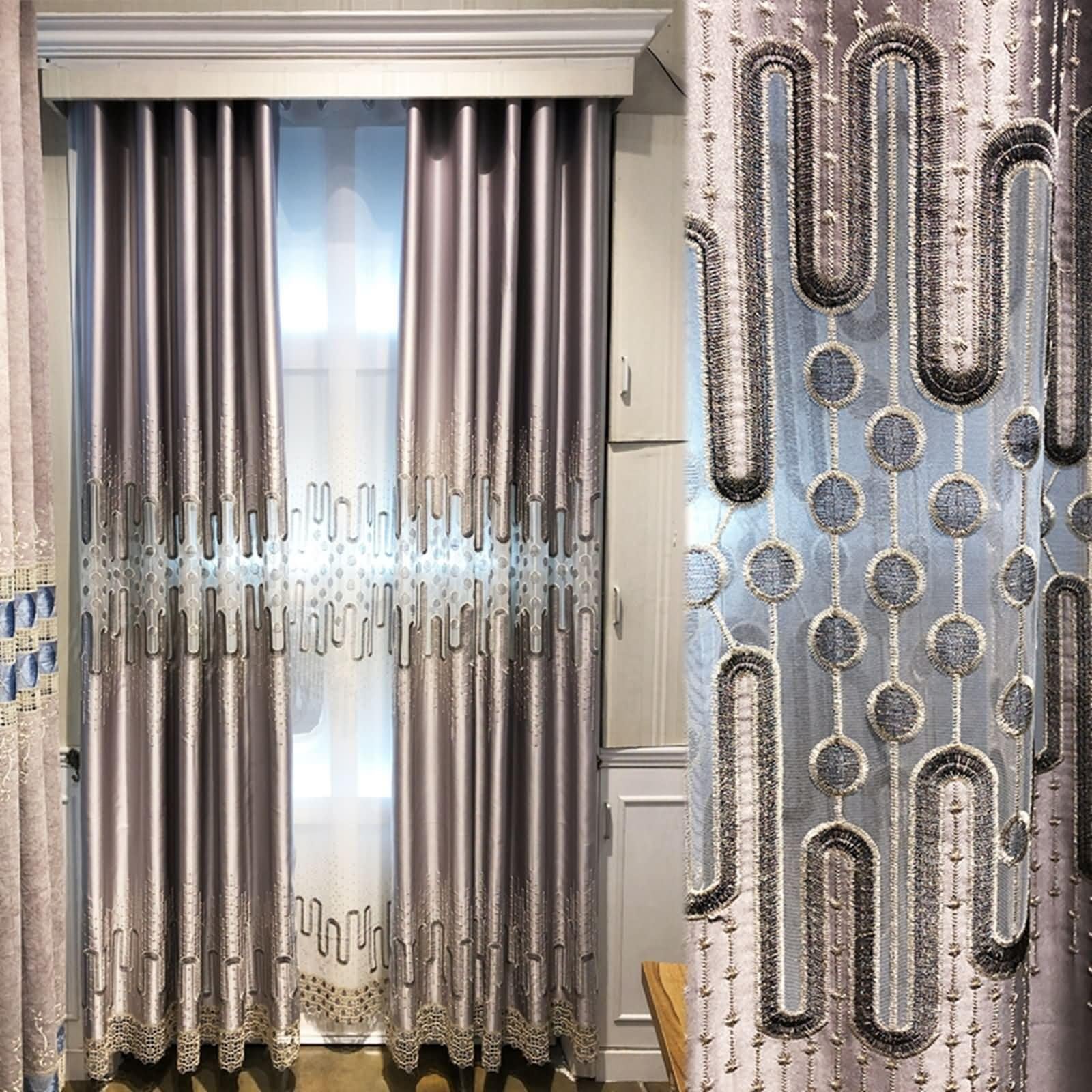 Tende Interni Oscuranti, Tenda Salotto Moderne 96x160cm Poliestere Grigio con Ricami Geometrici, con Gancetti, 2 Pezzi