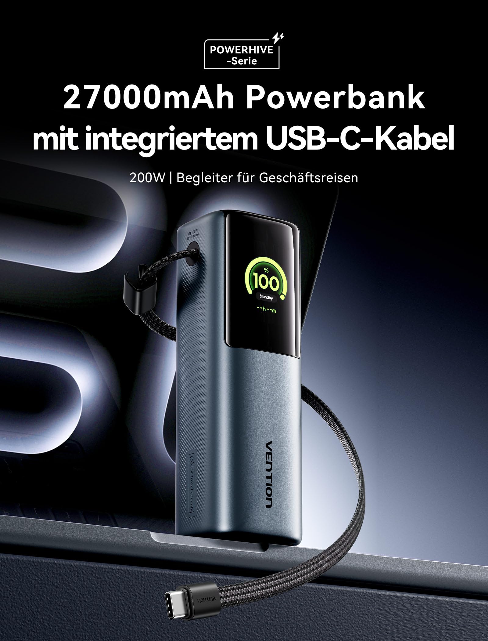 VENTION Power Bank 27000mAh 200W, batería externa carga rápida Con pantalla digital y Emoji, Cable USB-C integrado, 2× USB-C + USB-A, para MacBook Pro, iPad, Dell/HP, iPhone 17/16/15, Galaxy