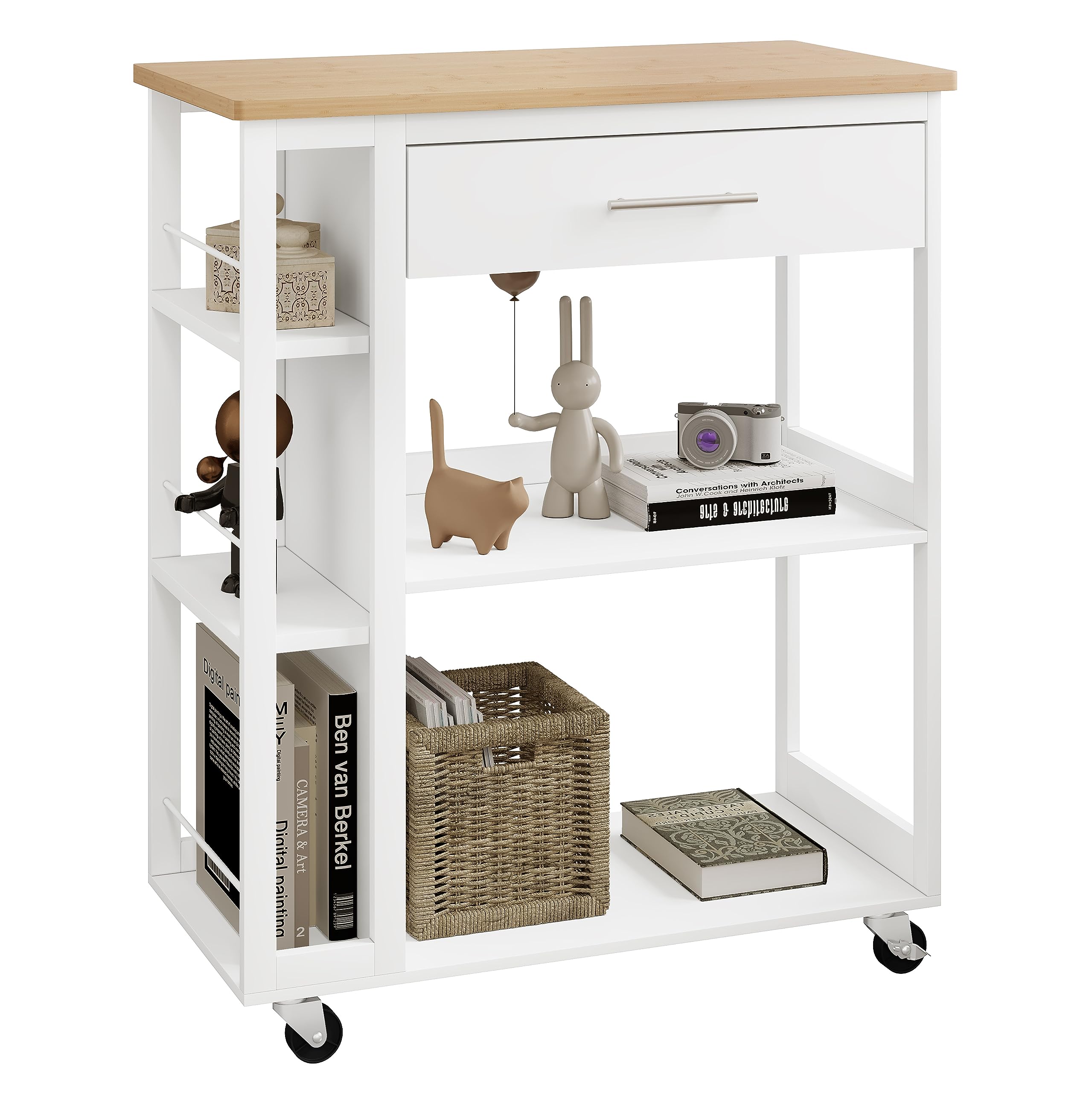 WOLTU Carrito Cocina de 3 Estantes y 1 Cajon Grande, Carro Camarera con Ruedas, Estanteria de Almacenamiento Estilo Moderno, para Cocina, Salón y Comedor, 73x38x88 cm, Color Bambú + Blanco, RW051eiw