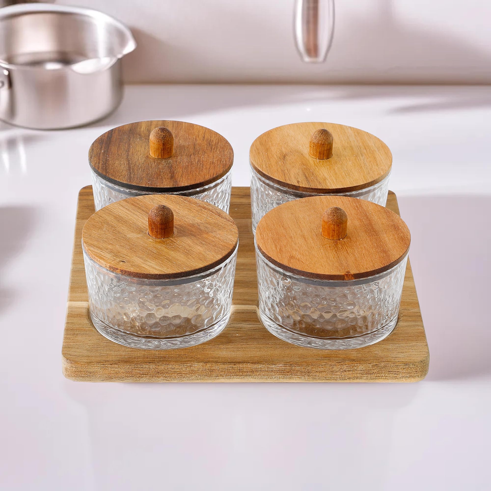 Kuber Industries Set of 4 (150ml each) Round Glass Jars for Kitchen With Acacia Wooden Lid & Tray | Air Tight Masala Container & Daba Set for Dry Fruit | Transparent-ST101863