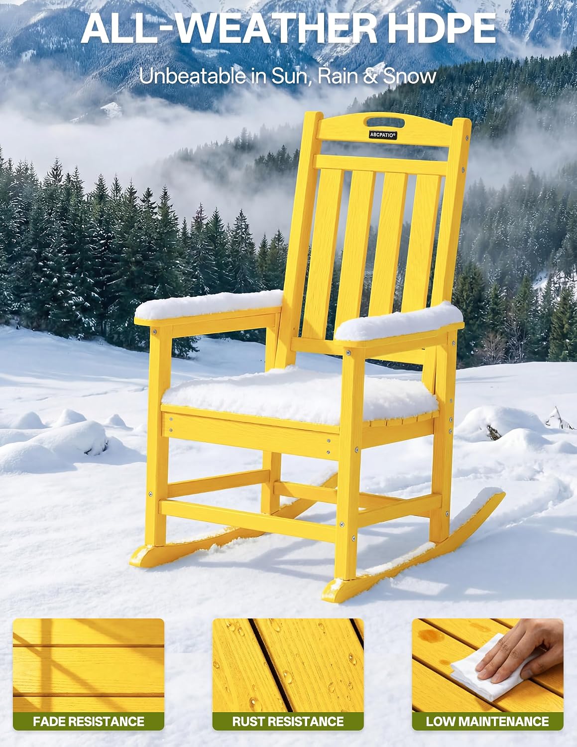 Outdoor Adirondack Rocking Chairs All-Weather HDPE Patio Rocker Chair for Lawn, Garden, Backyard, Fire Pit, Yellow (Wood Grain Finish)