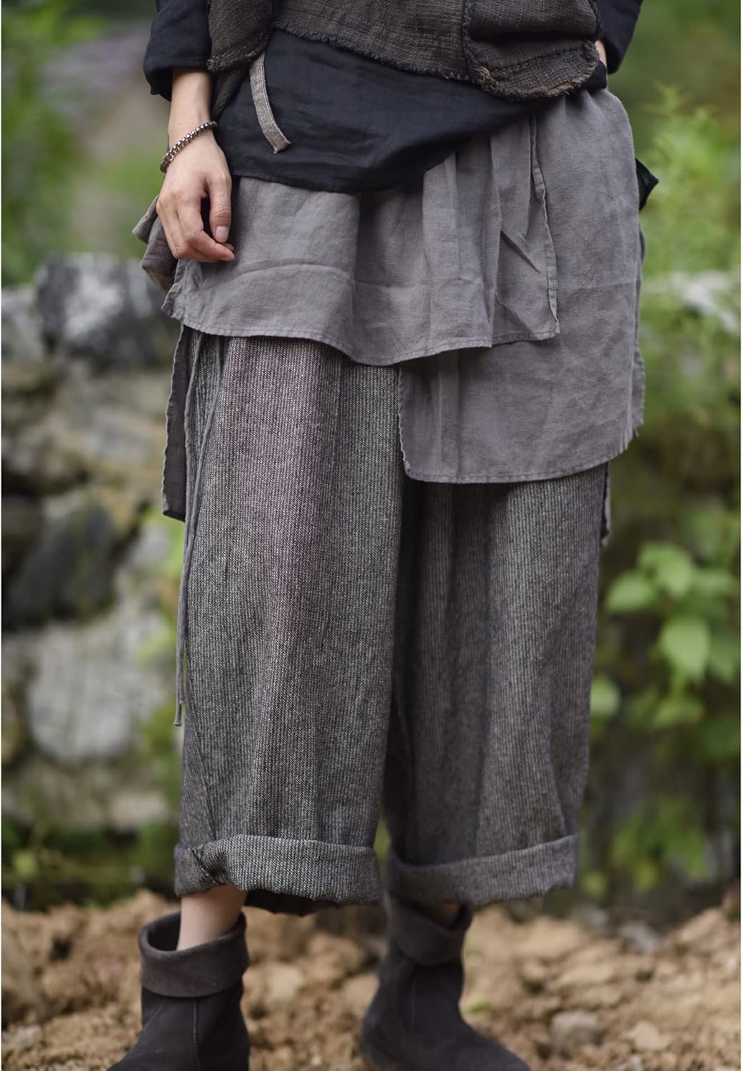 NFYM Women Wide Leg Pants Linen Irregular Patch Layered Elastc Waist Loose Vintage Patchwork Retro Cropped Trousers