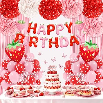 Strawberry Birthday Decorations with Paper Pompoms Red Pink White Balloons