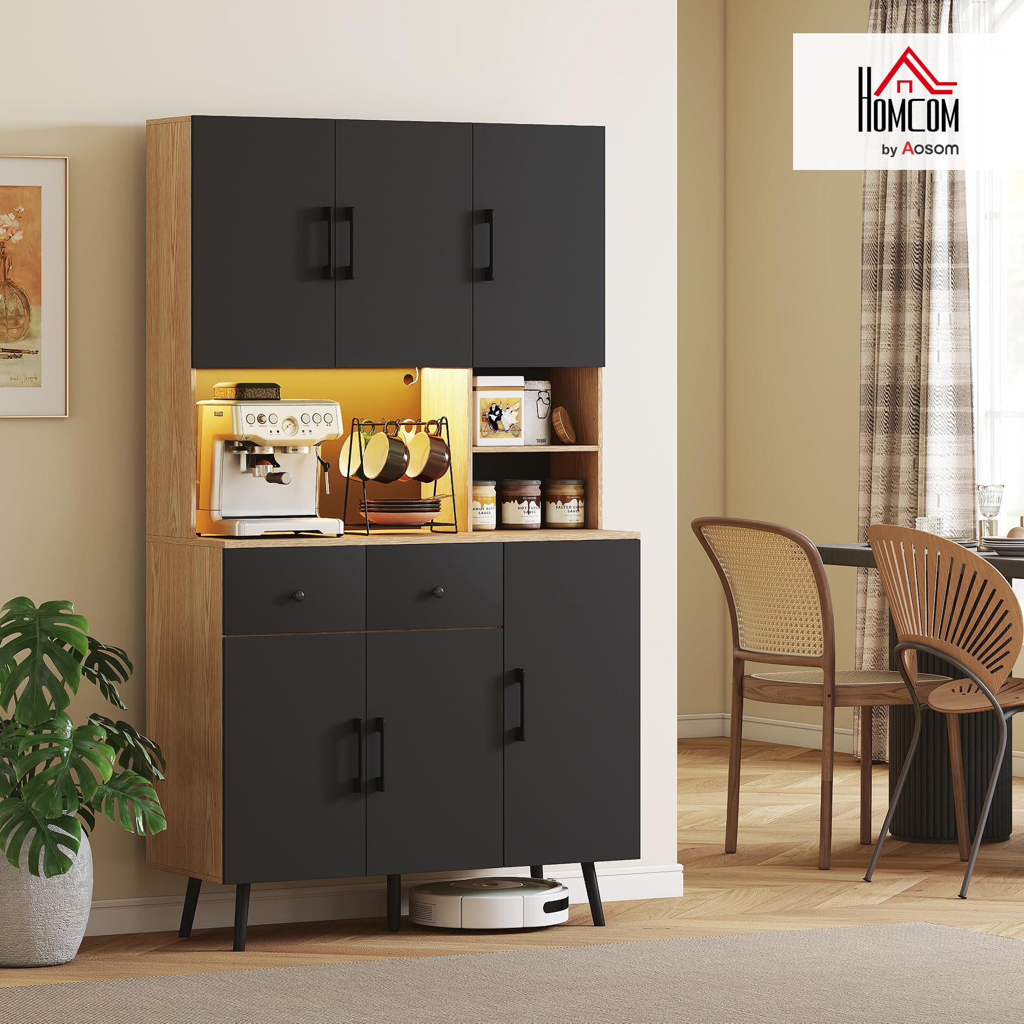HOMCOM Meuble d'appoint de cuisine haut avec lumières LED RVB avec 6 portes, 2 tiroirs, plan de travail et trou pour câbles, style moderne noir et chêne 100 x 40 x 176 cm