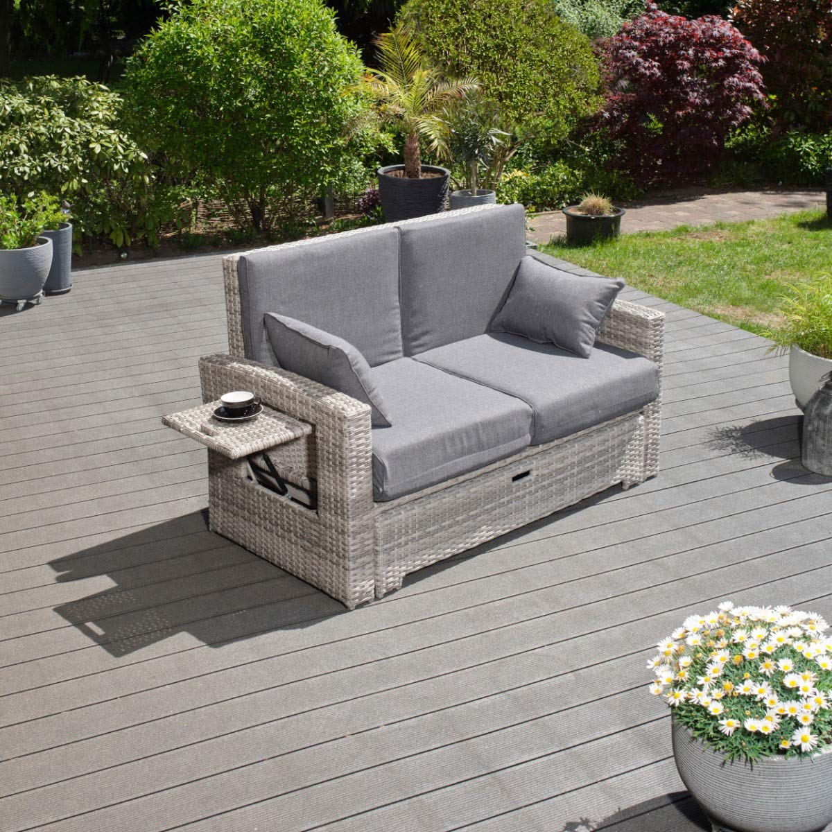 Green Spirit - Garten Multifunktions-Sofa Sunny - Hellgrau, Poly-Rattan, Wetterfest, kann in wenigen Augenblicken von einem Garten-Sofa/Garten-Bank zum Garten-Bett/Garten-Liege umgeklappt Werden