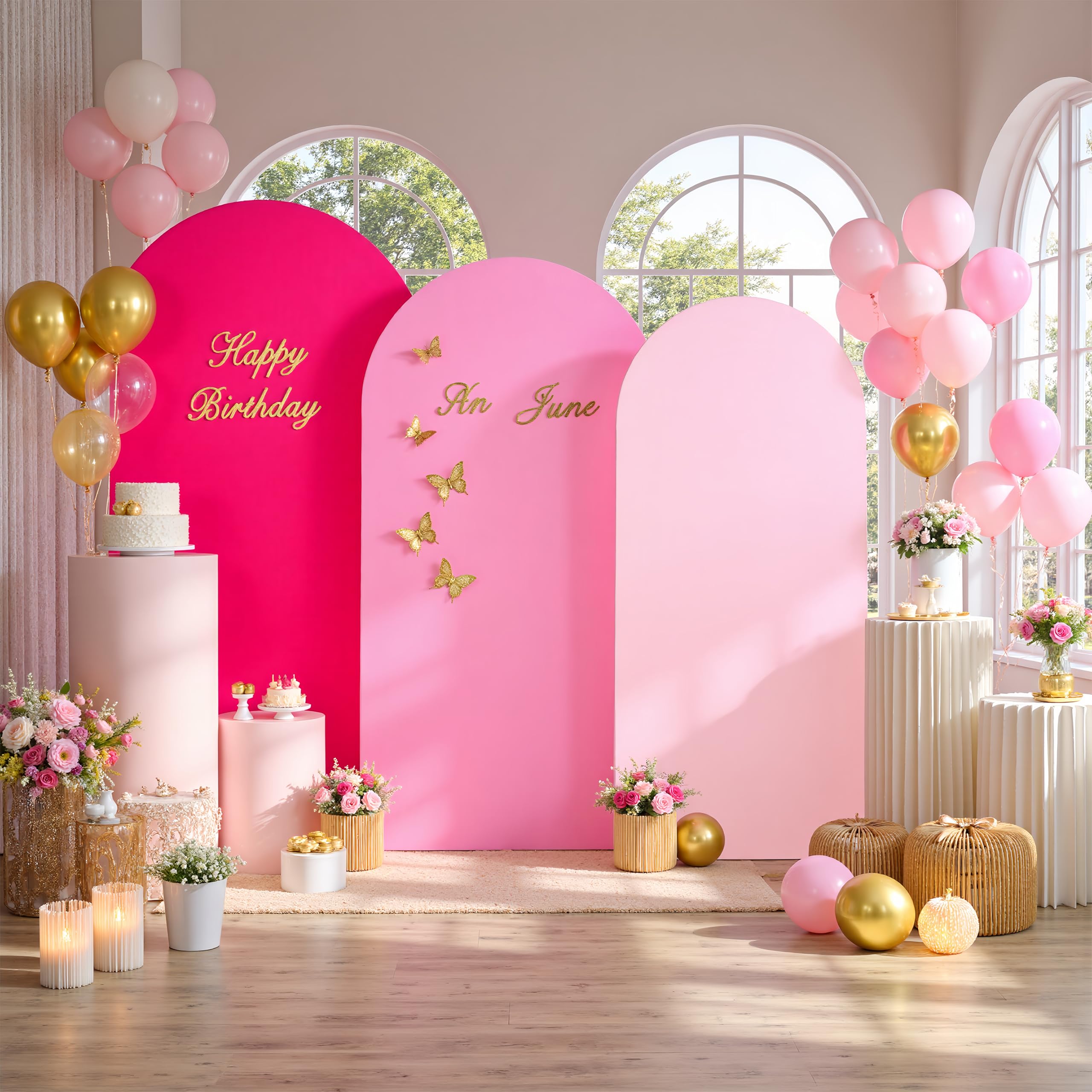 Gradient Pink Arch Backdrop Cover Set of 3 (7.2ft, 6.6ft, 6ft), Ombre Hot Baby Blush Pink Chiara Frame Covers, Spandex Wrinkle-Free Fabric for Girl Birthday Party Decor (No Stand)