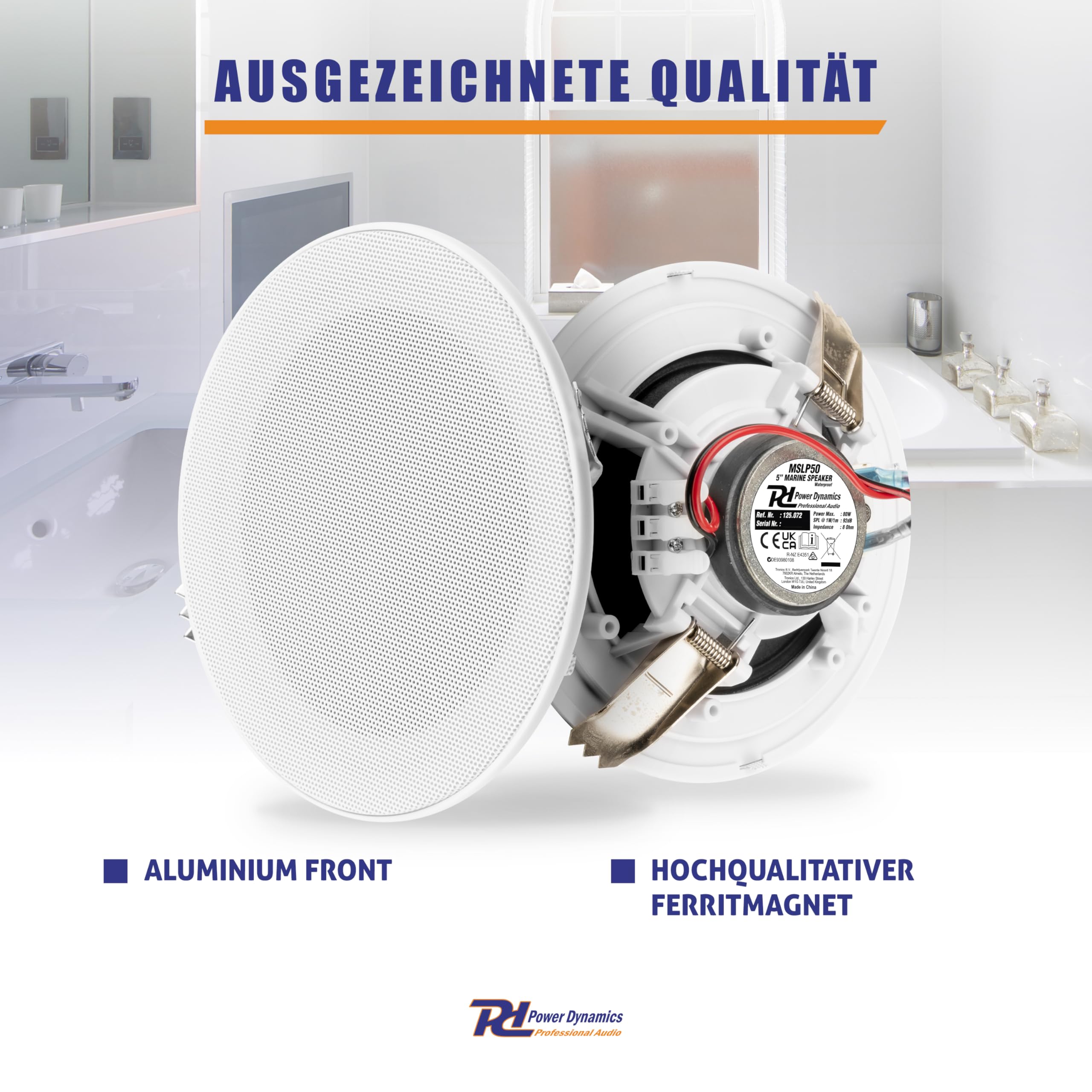 Power Dynamics A100 Bluetooth Deckenlautsprecher 4er Set – 4X Einbaulautsprecher 5" IPX5 Wasserdicht – 160 Watt Verstärker – Badezimmer & Außenbereich – Unterputzradio, 55mm Tief - Weiß/Schwarz